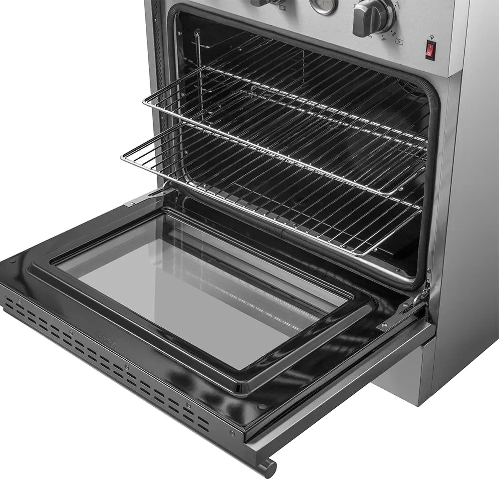 Stainless steel gas range open oven with rack and drip pan base