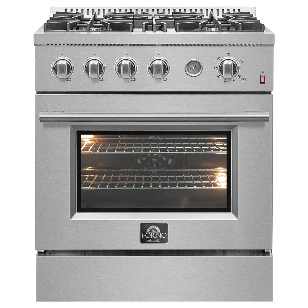 Stainless steel gas range with lit convection oven window and front burner controls