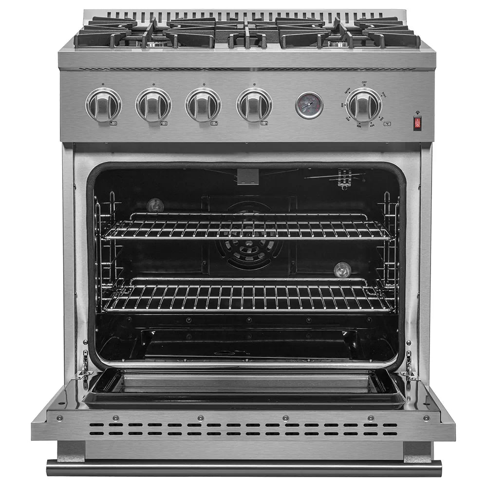 Stainless steel gas range oven with open door and wire racks inside