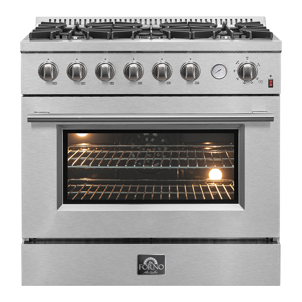Stainless steel gas range with top burner grates and control knobs, oven door window closed