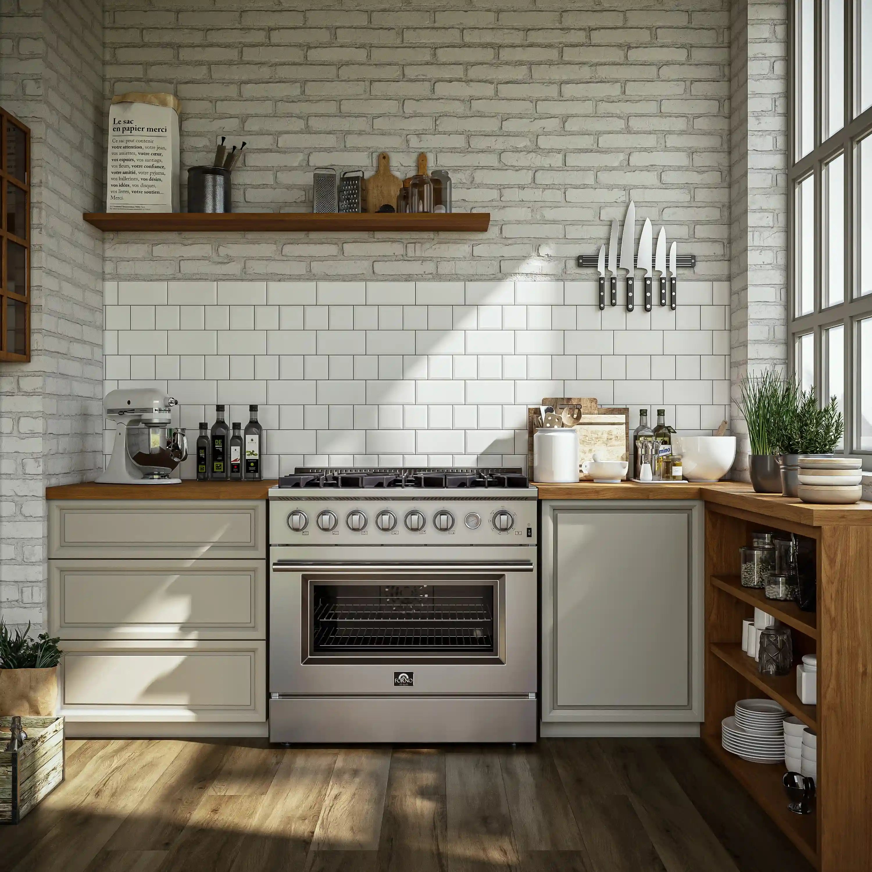 Stainless steel 5-burner gas range in kitchen with built-in oven window