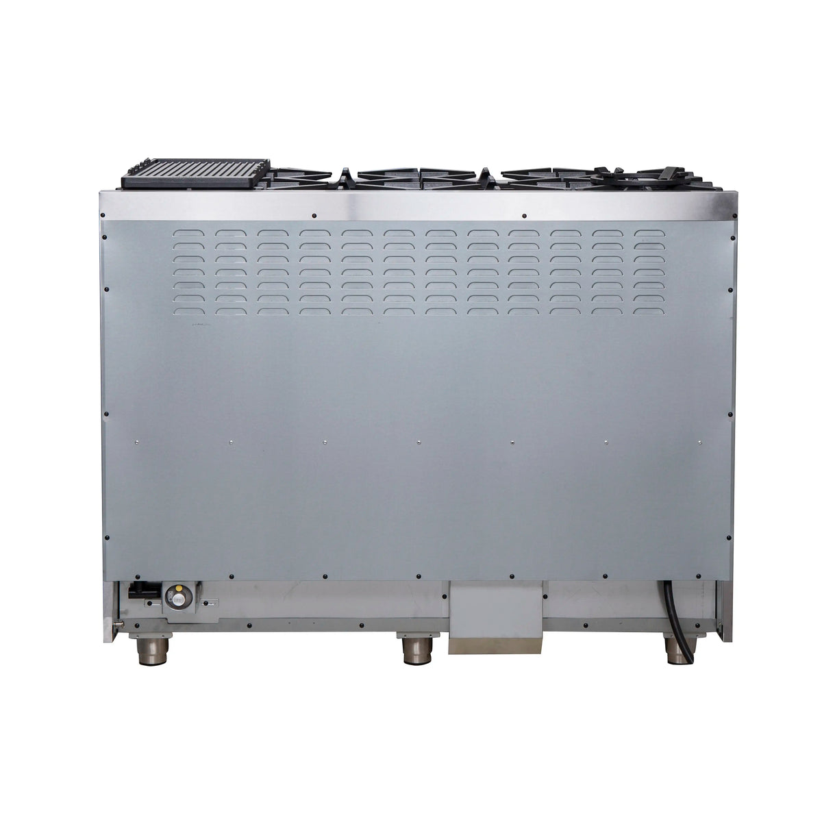 Rear underside of stainless steel range showing ventilation vents and leveling feet