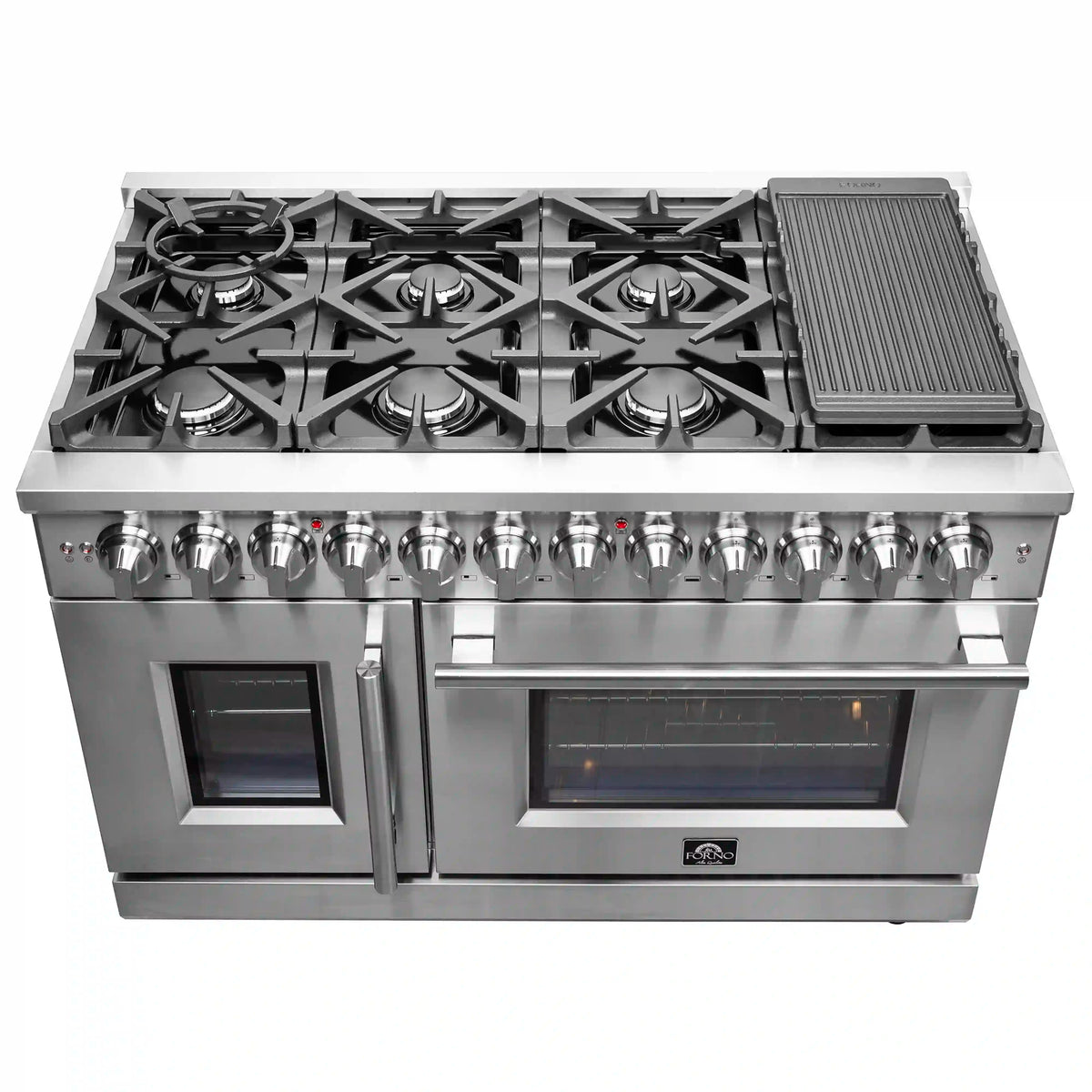 Stainless dual fuel range showing cooktop grates, burner controls, and dual oven doors.