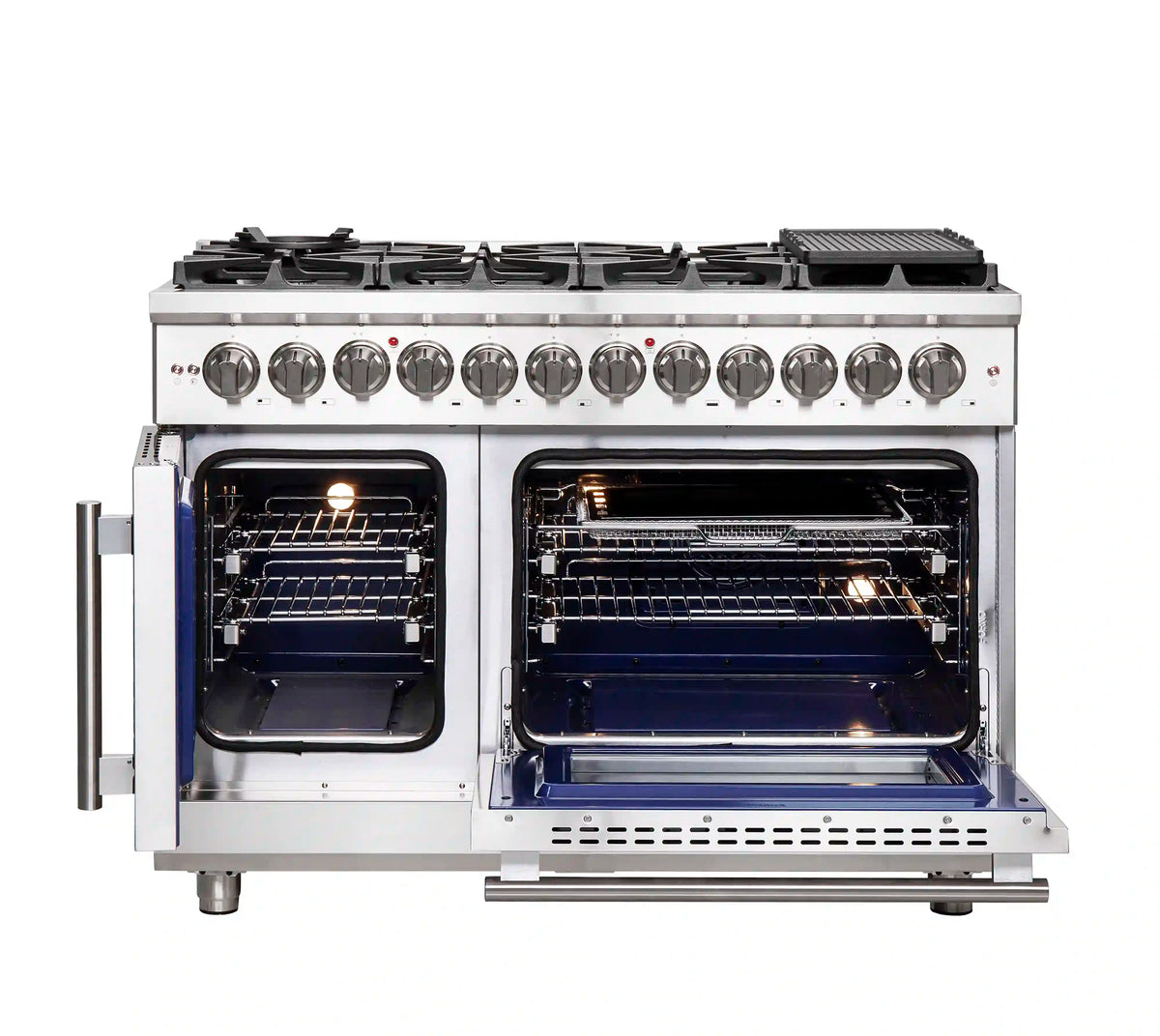 Stainless dual fuel range front view with cooktop knobs and two open ovens.