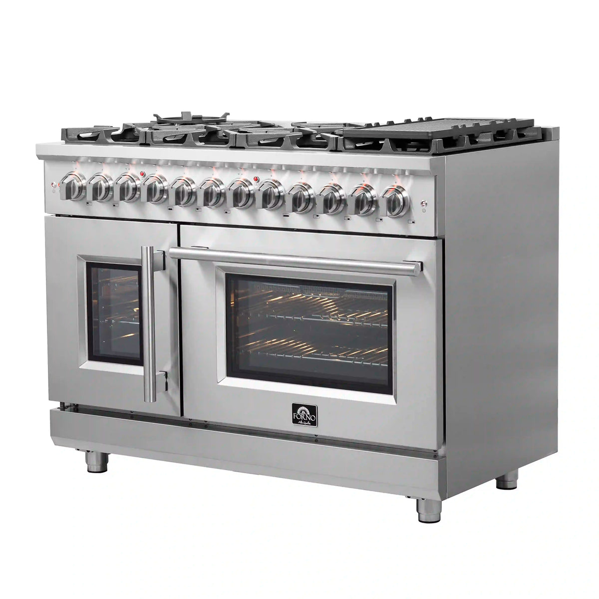 Freestanding stainless range with two oven doors, cooktop burners, and control knobs.