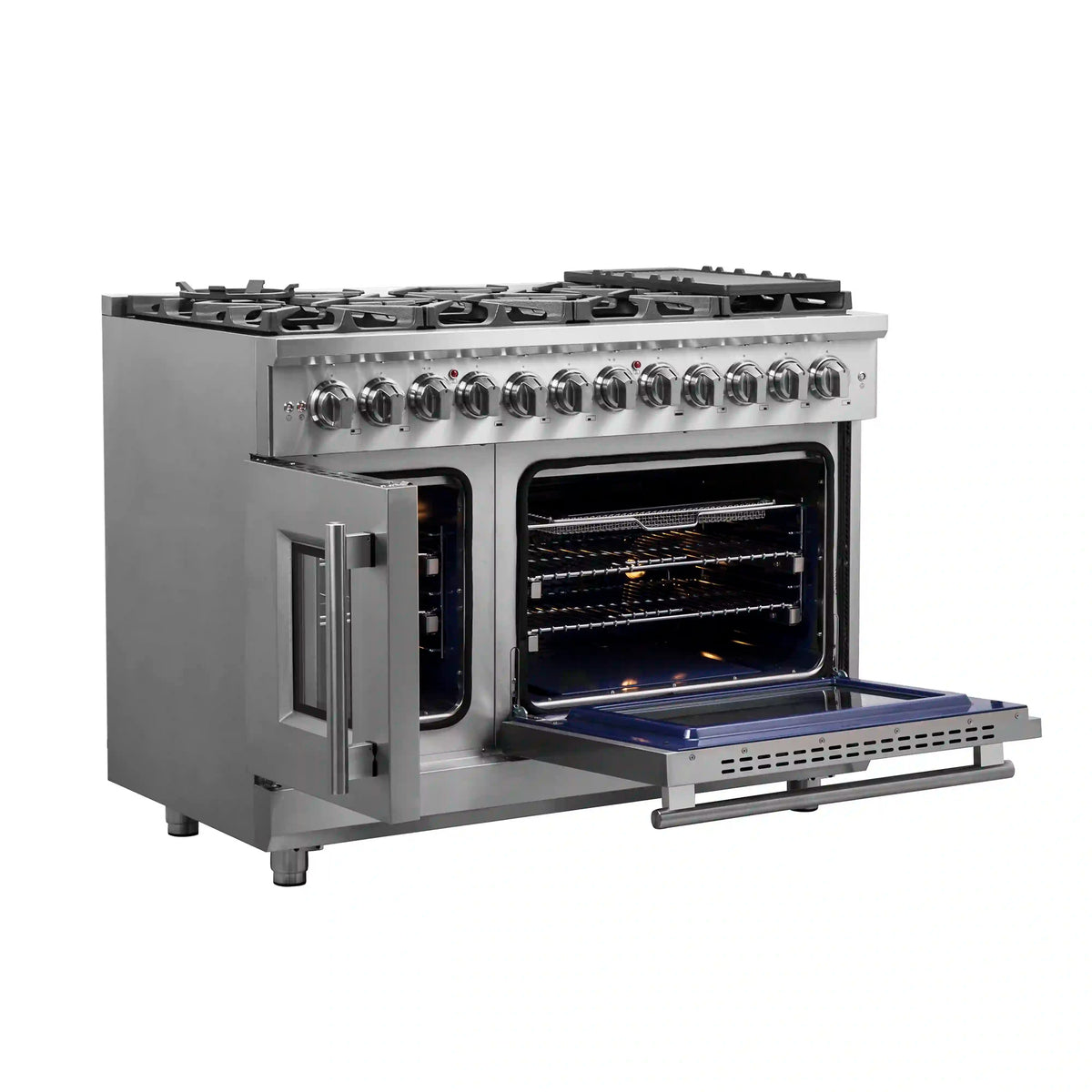 Stainless steel dual fuel range with open French-door oven and gas cooktop grates