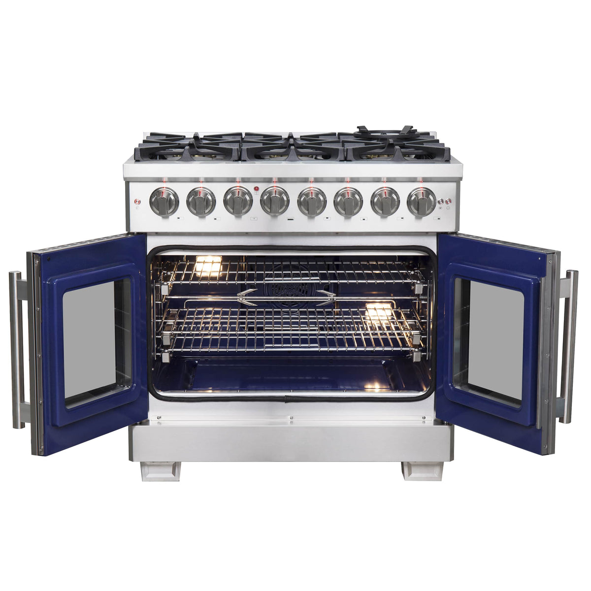 Stainless dual fuel range with burners and open French-style oven doors