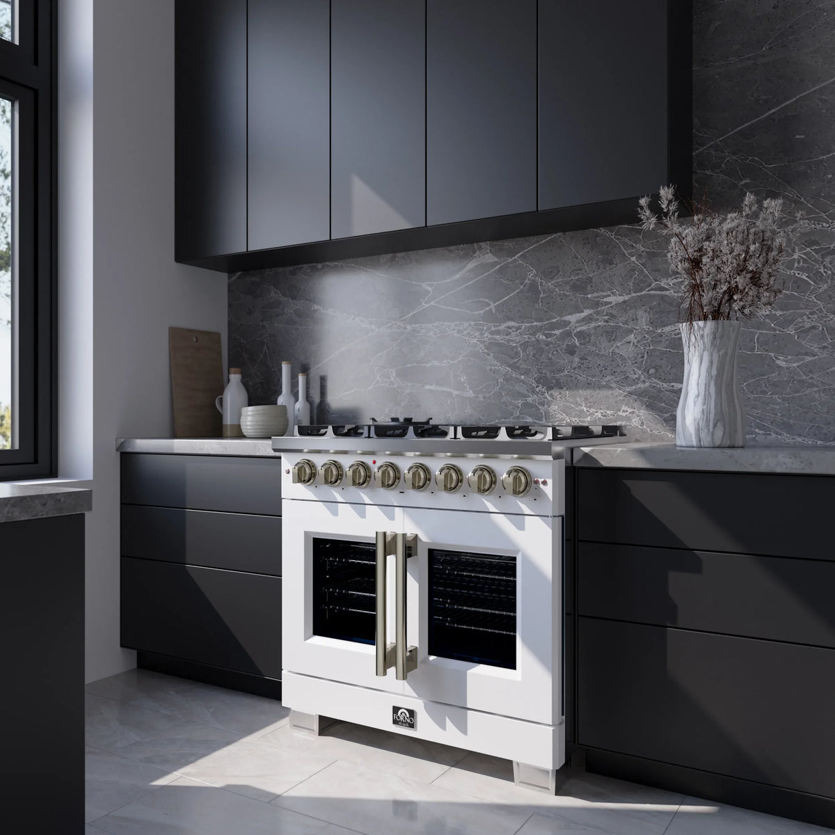 Forno Capriasca 36-Inch 5.36 Cu. Ft. Freestanding French Door Dual Fuel Range with 6 Burners in White with Antique Brass Trim shown in a styled kitchen