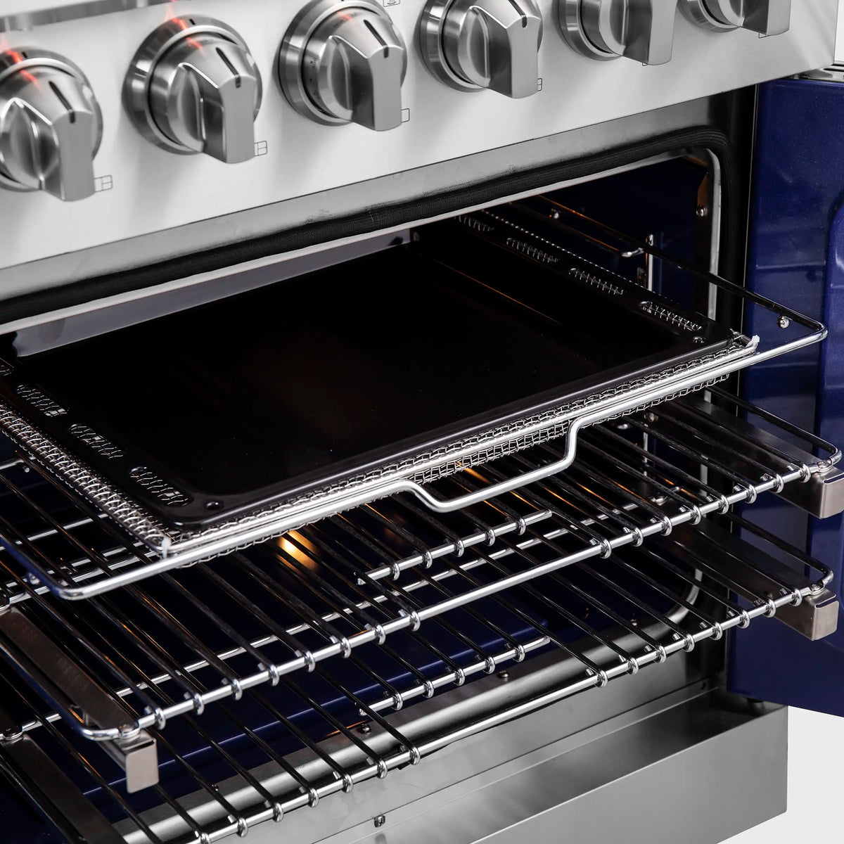 Gas oven interior with racks and open door showing black cook chamber