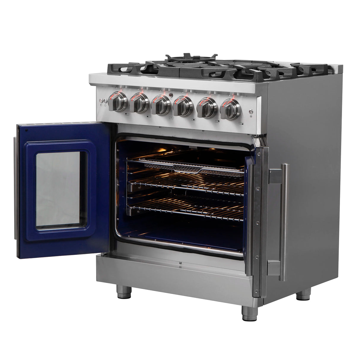 30-inch French door gas range with open oven door and stainless interior racks