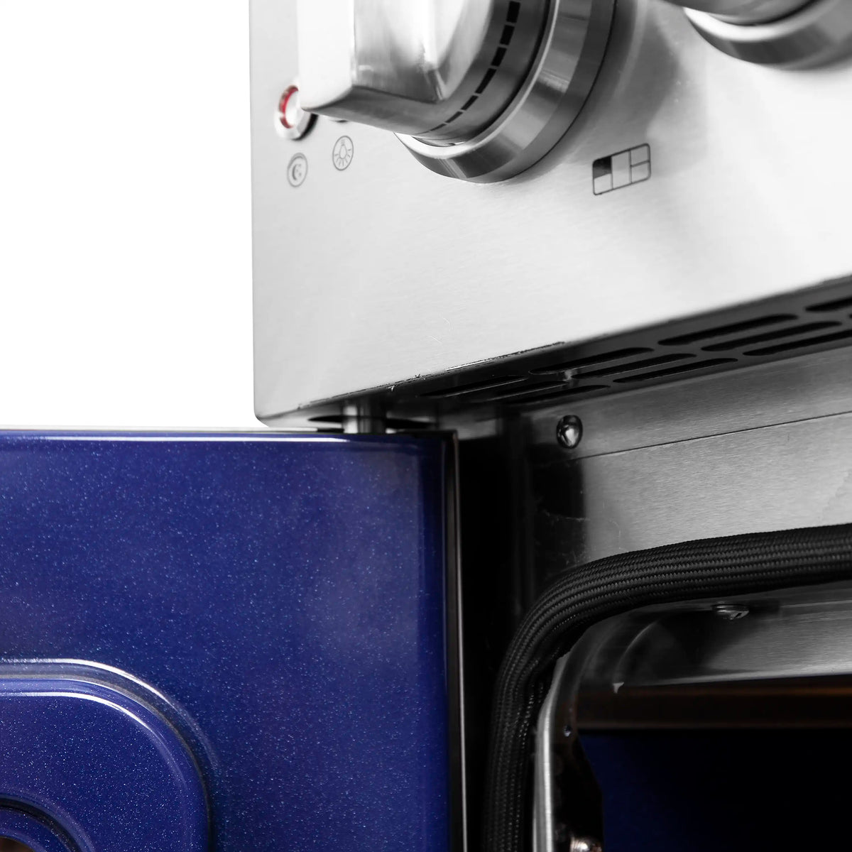 French door gas range inner side panel with blue enamel and stainless steel control area