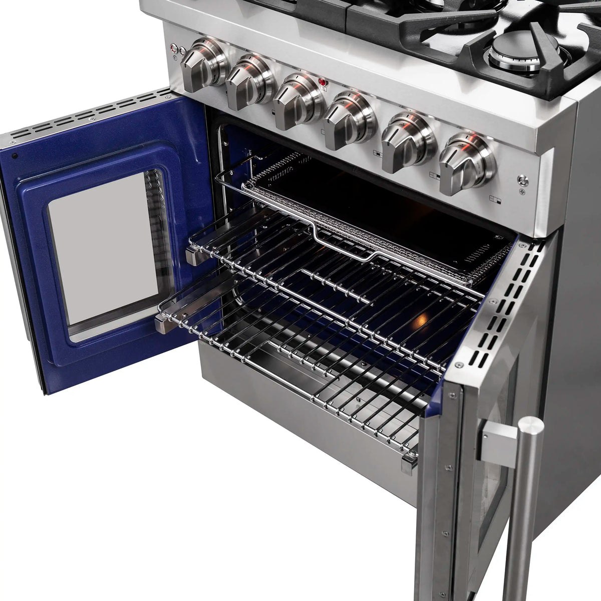 Stainless steel French door gas range with open oven door and two wire oven racks