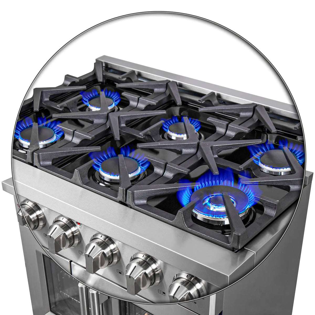 Stainless steel gas cooktop with multiple blue-lit burners and grates