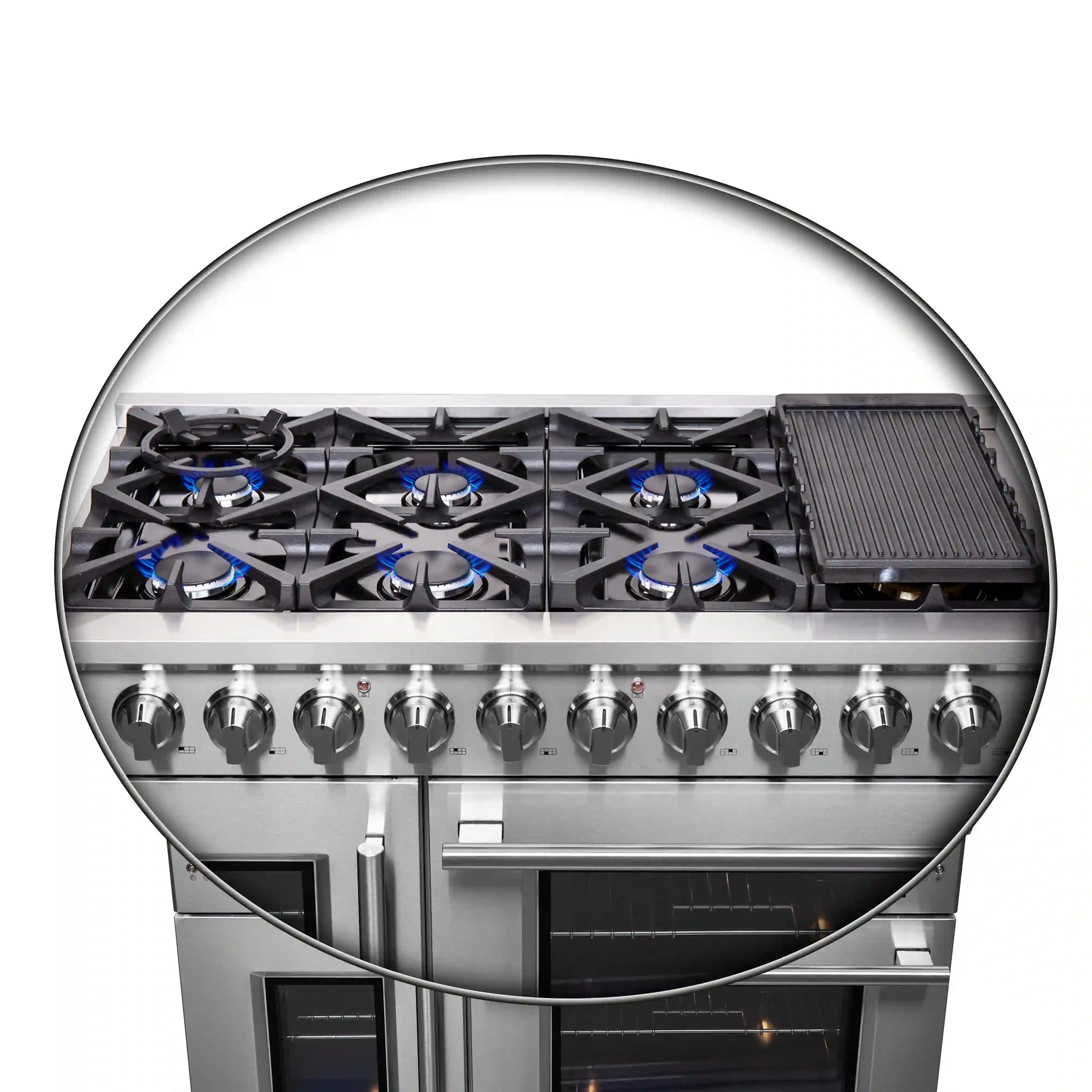 Stainless steel gas range cooktop with multiple burners, griddle, and control knobs