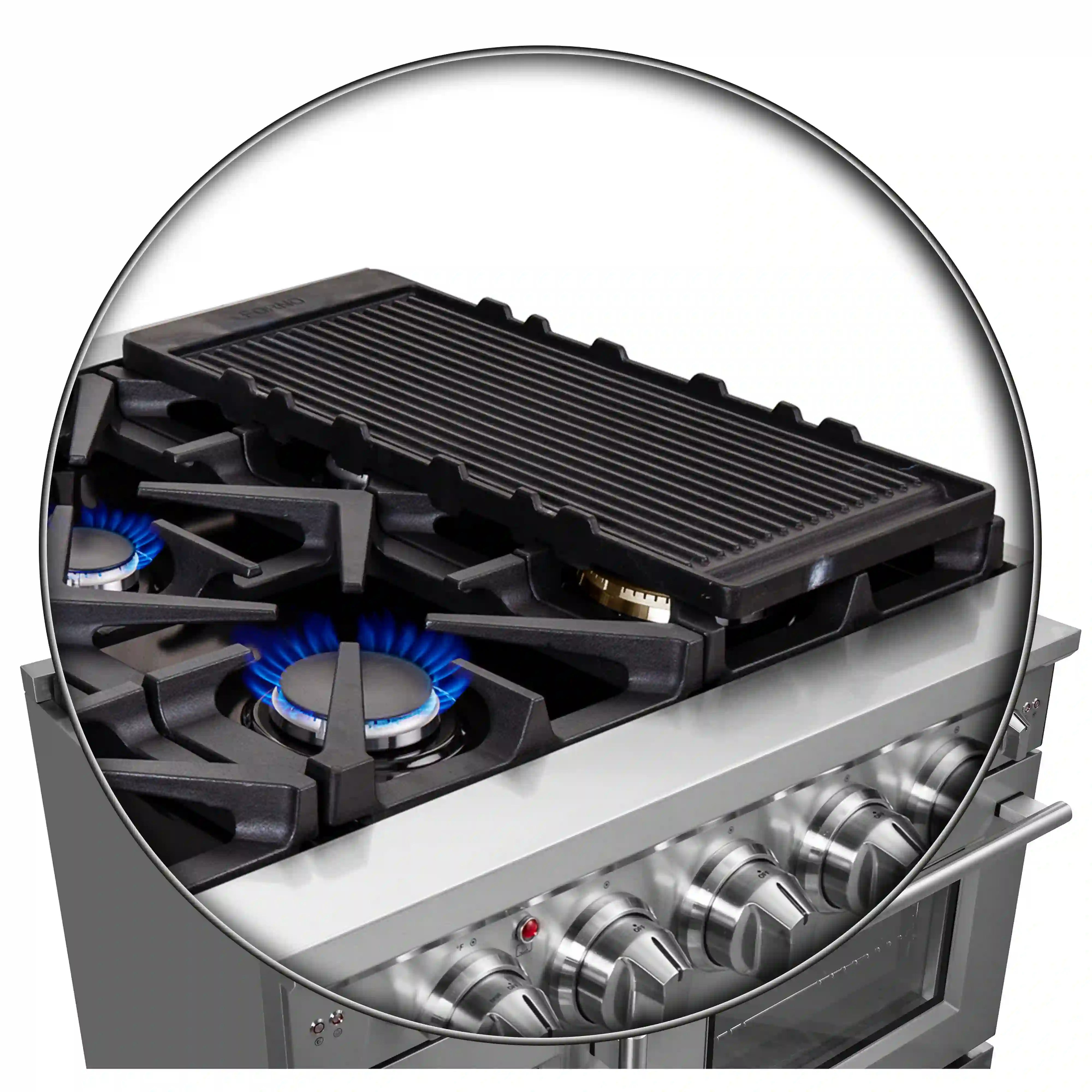 Ridged griddle on gas range cooktop with black grates and blue flames