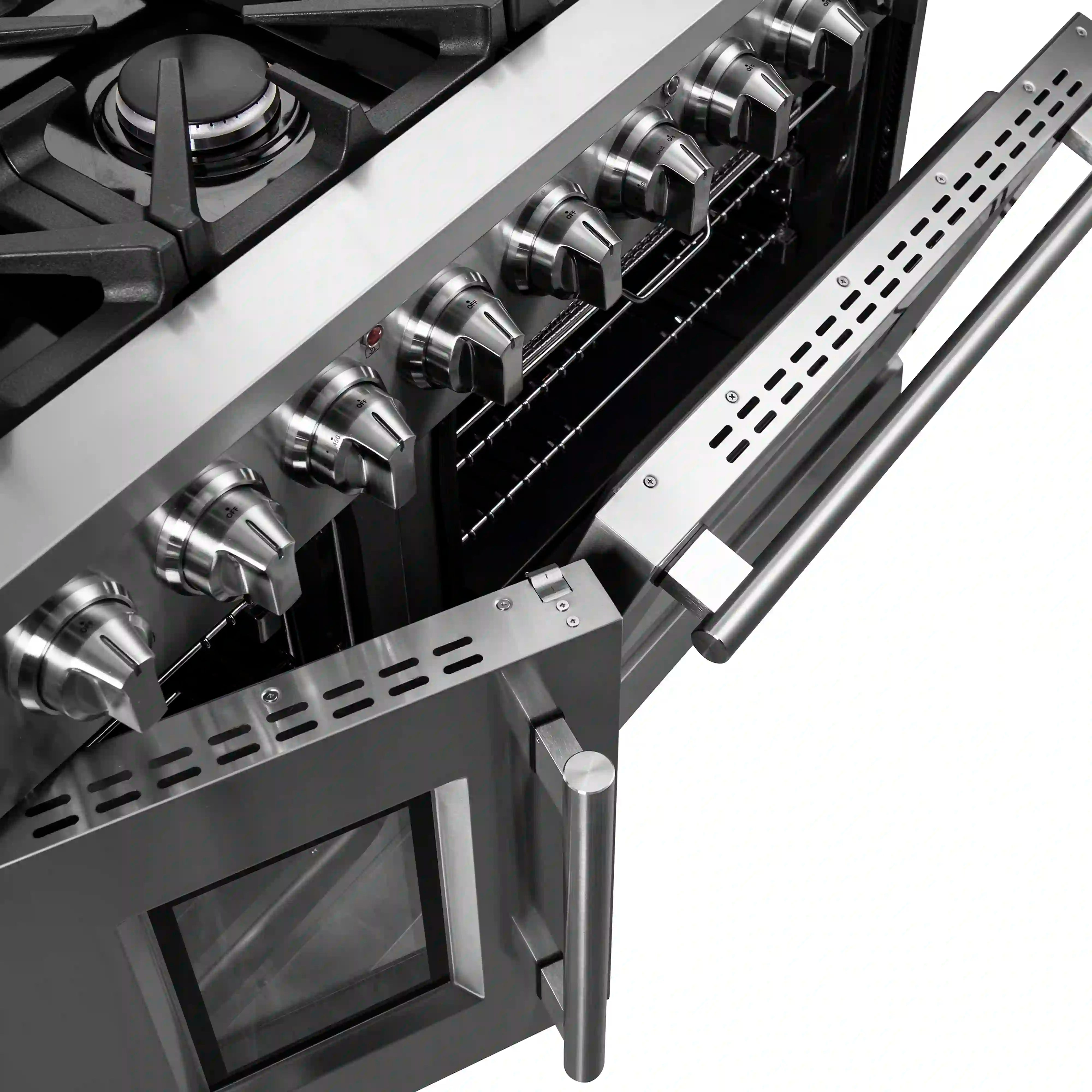Stainless steel control panel with round knobs and perforated vent strip