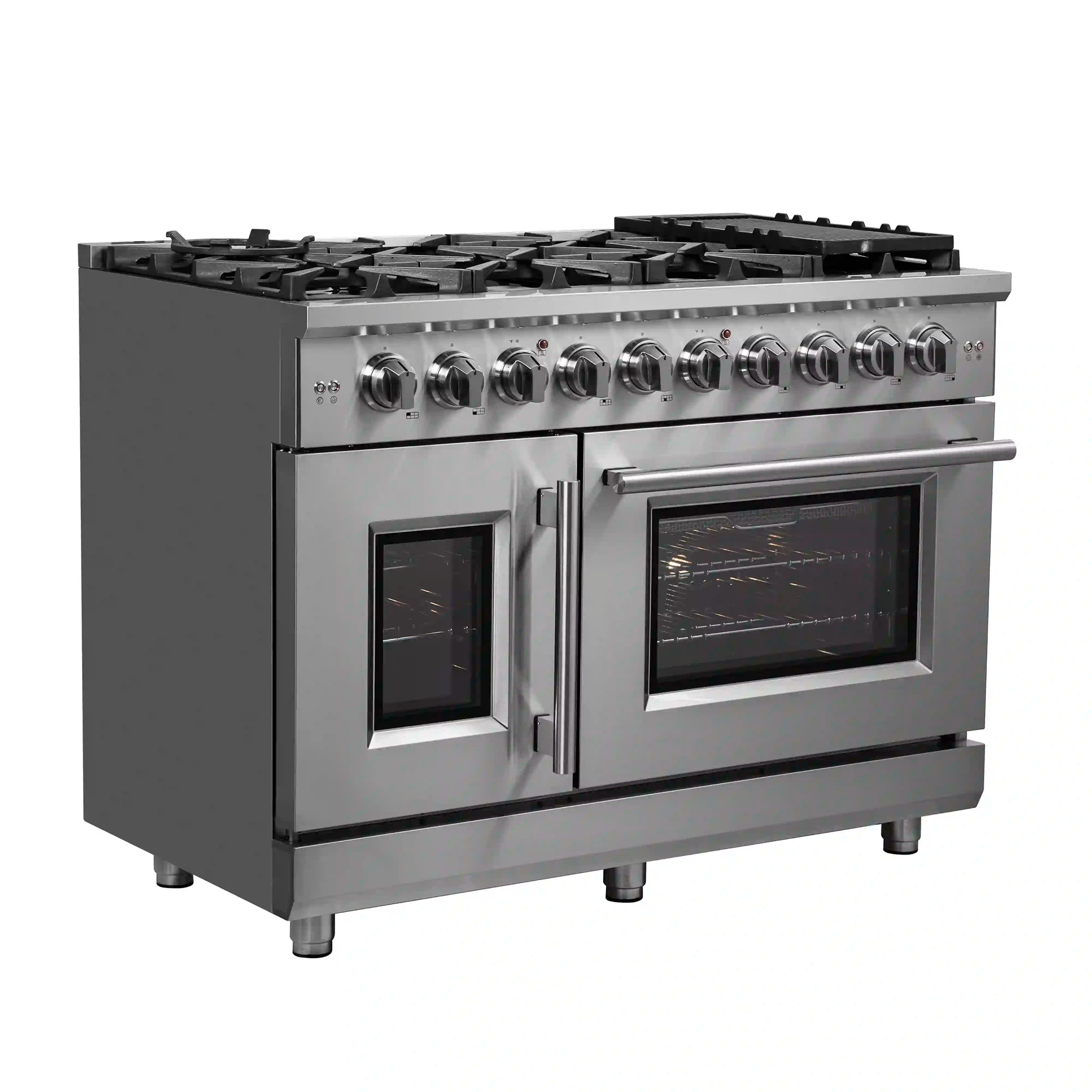 48-inch stainless steel French door gas range with dual oven doors and control knobs