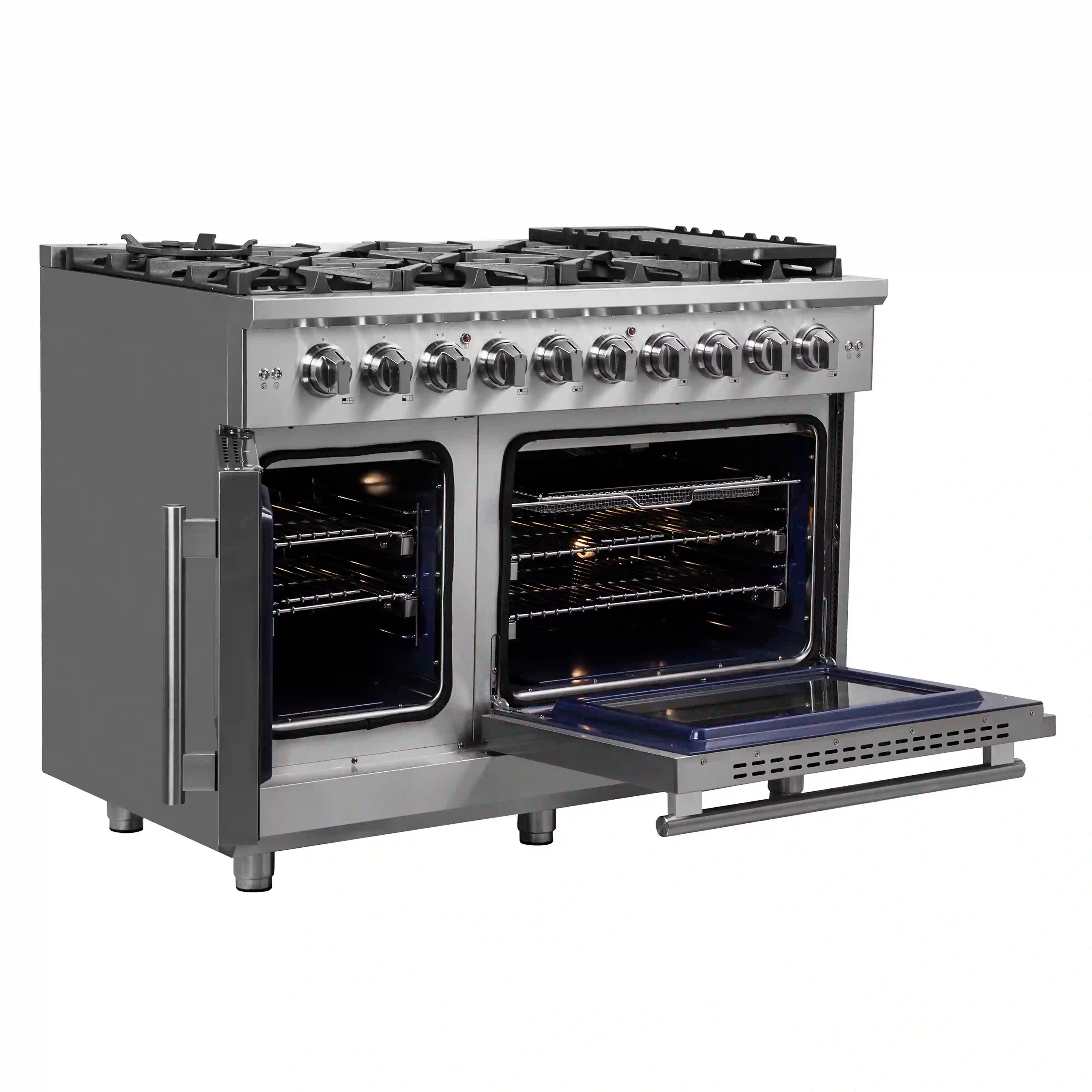 Open stainless steel French door gas range with two ovens and pull-out storage shelf