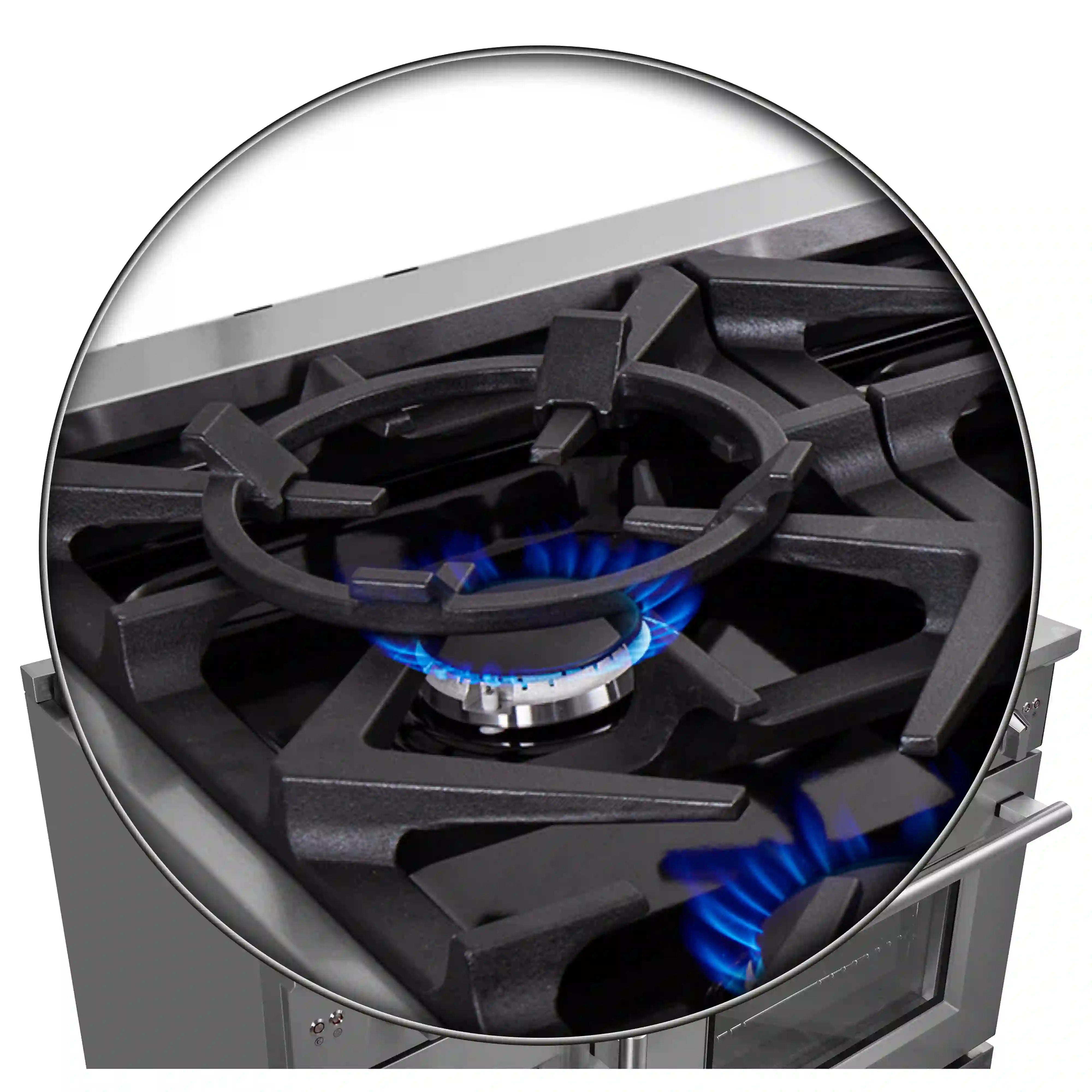 Close-up stovetop gas burner with black grates and visible blue flame