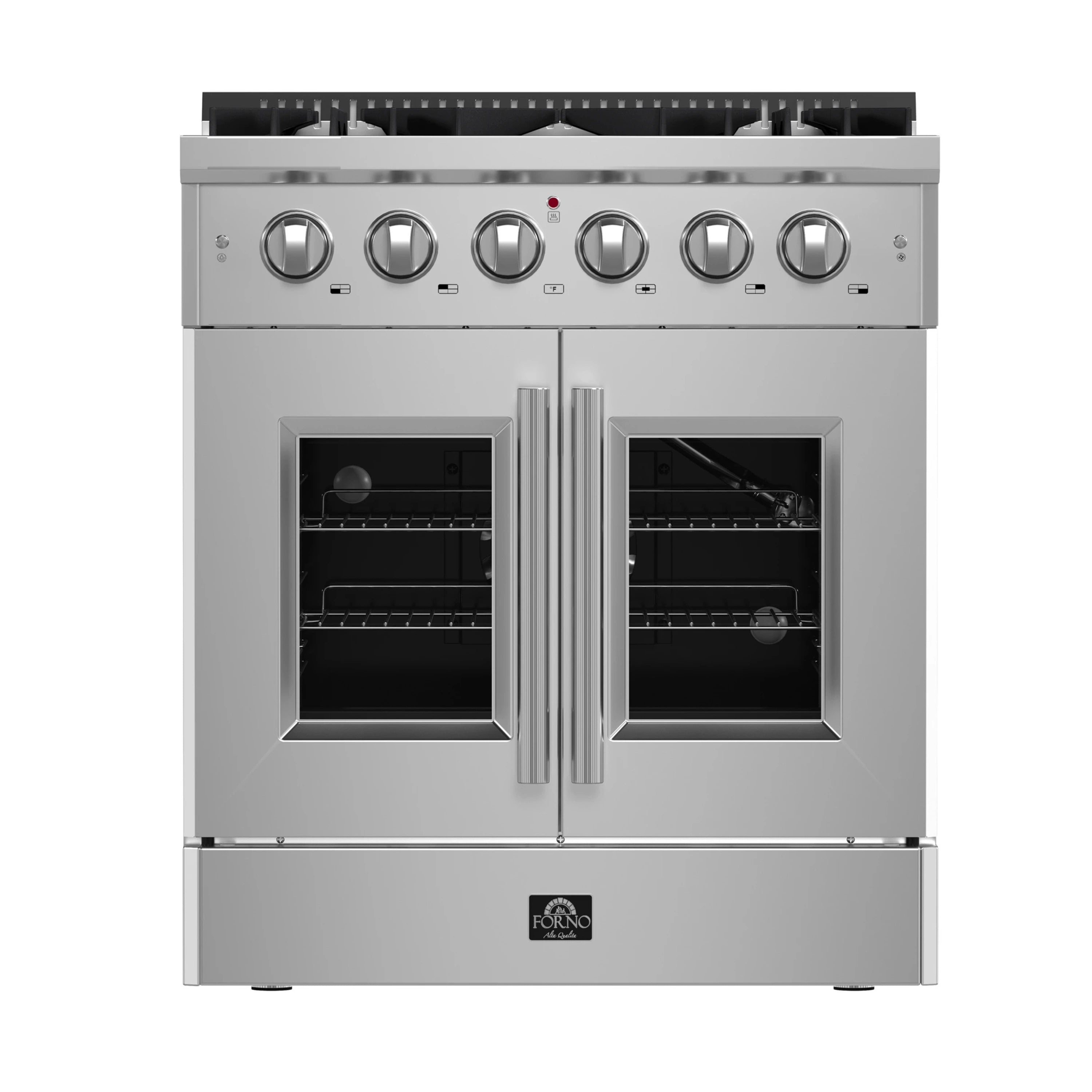 Stainless steel gas range with French door oven and five burner control knobs