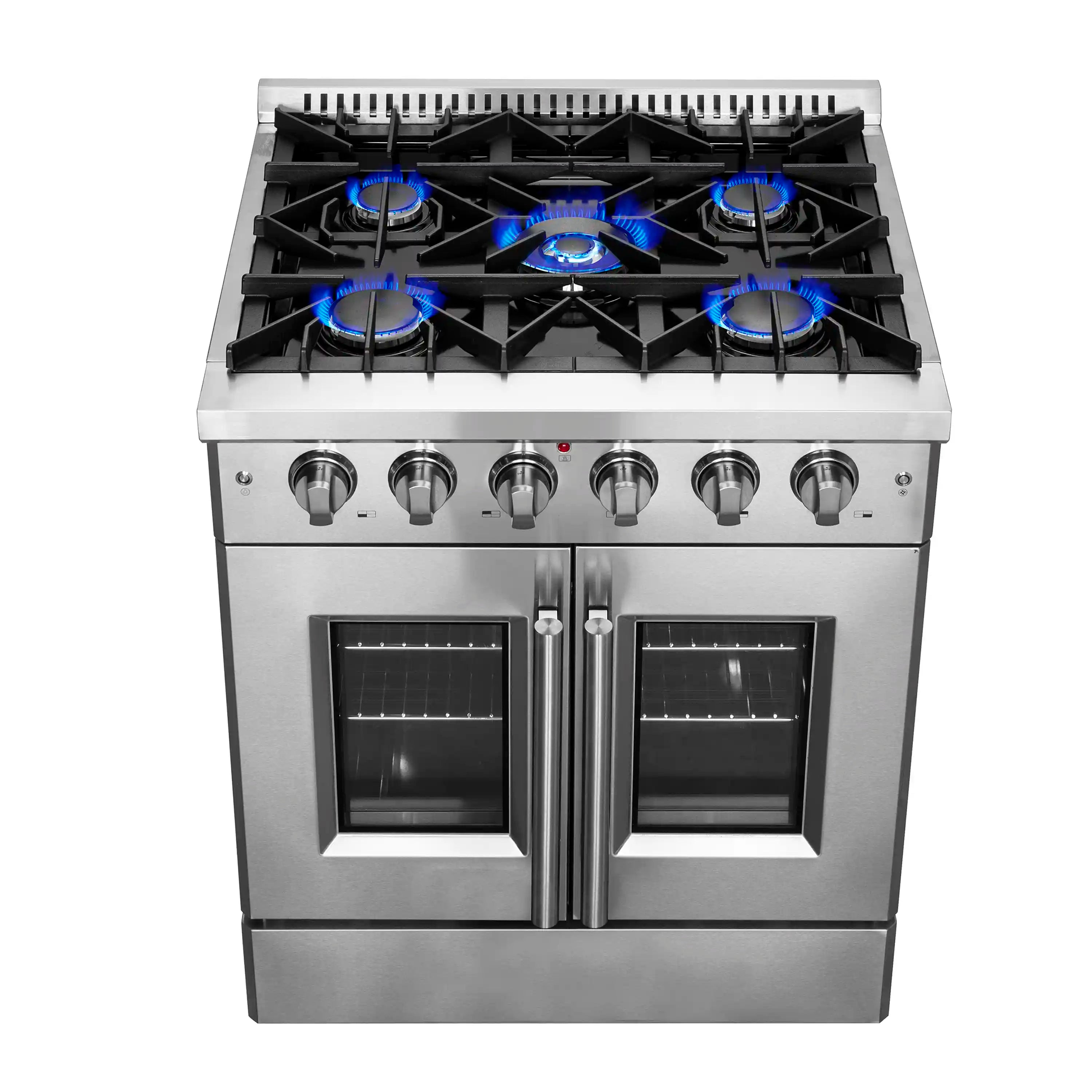 Stainless steel gas range front with five burners lit and French door oven