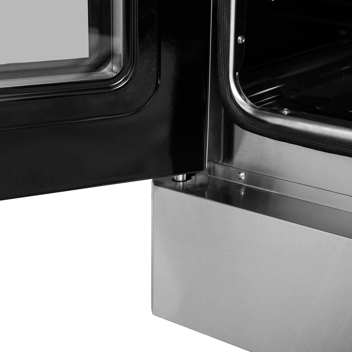 Stainless steel lower oven door area with black gas line and access panel