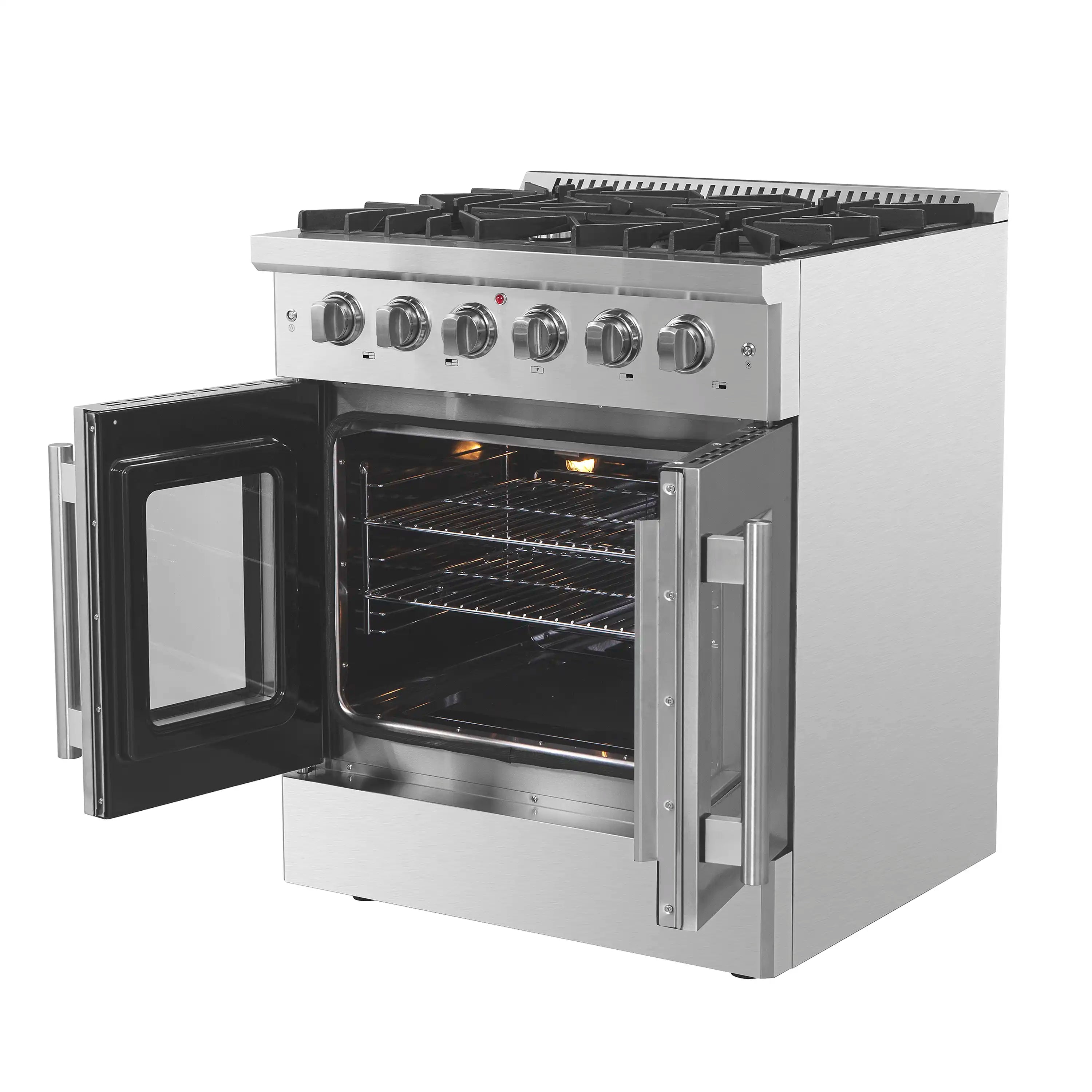 Stainless steel gas range oven open with burners glowing and cooking grates