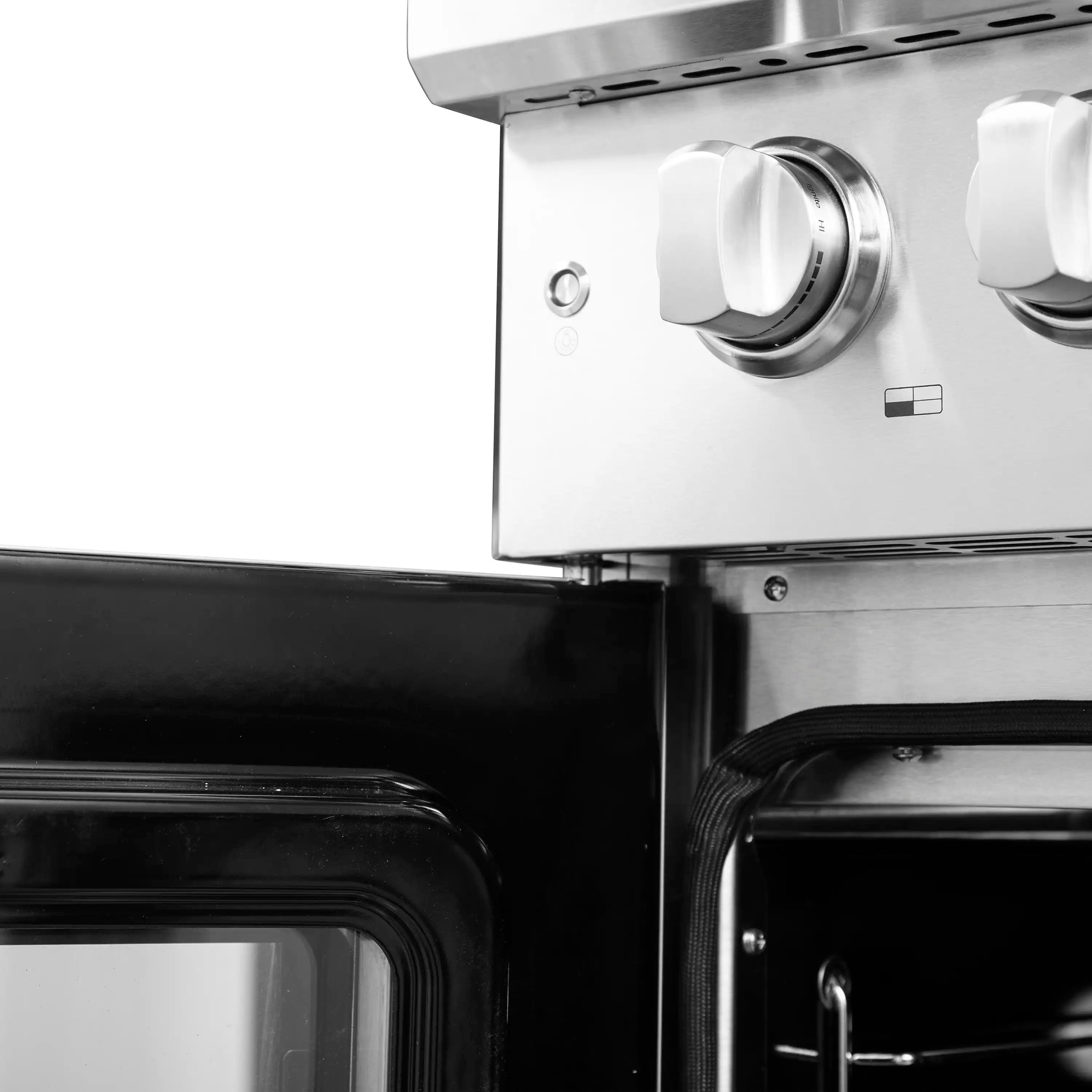 Stainless steel gas range control knob panel with burner grates and switches