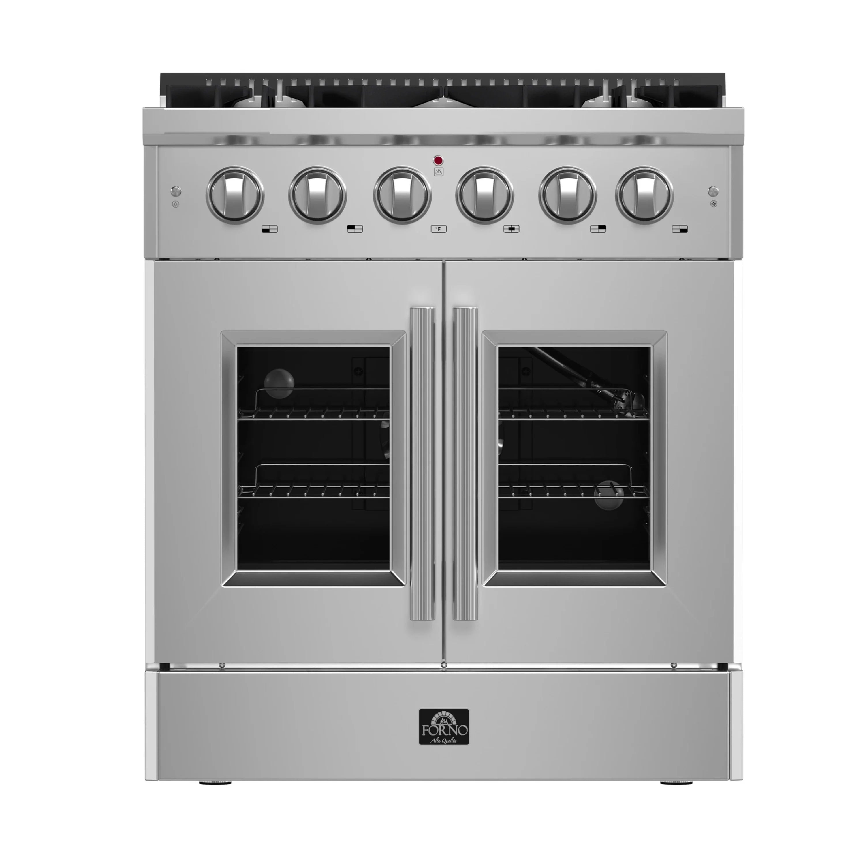 Stainless steel gas range with two oven doors and control knobs, centered view