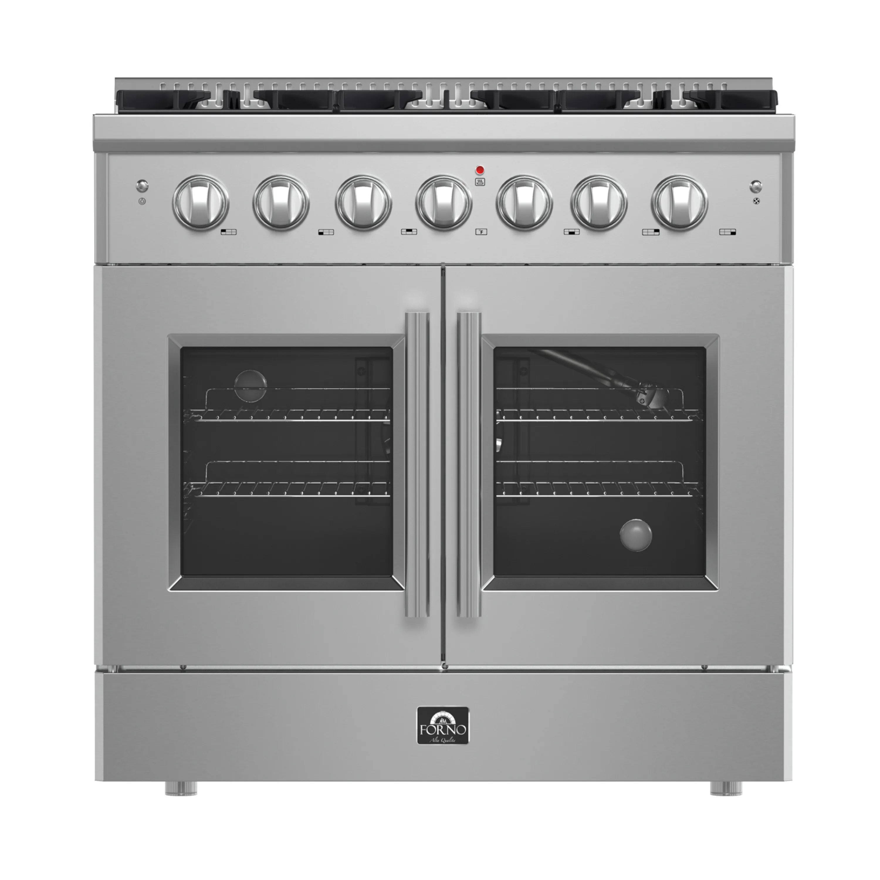 Stainless steel gas range front with six burner knobs and French-door oven windows