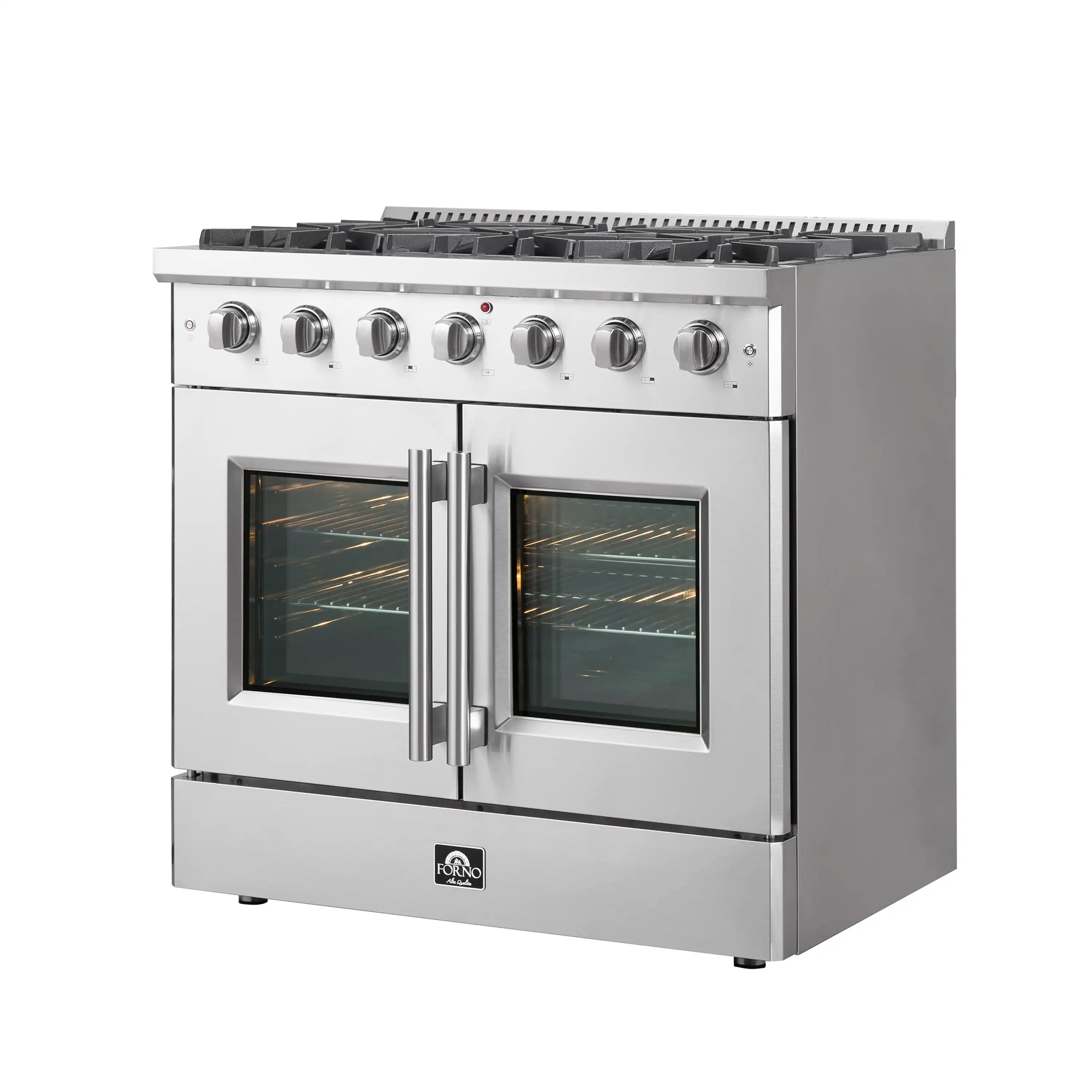 Stainless steel gas range with French-door oven and six burner control knobs