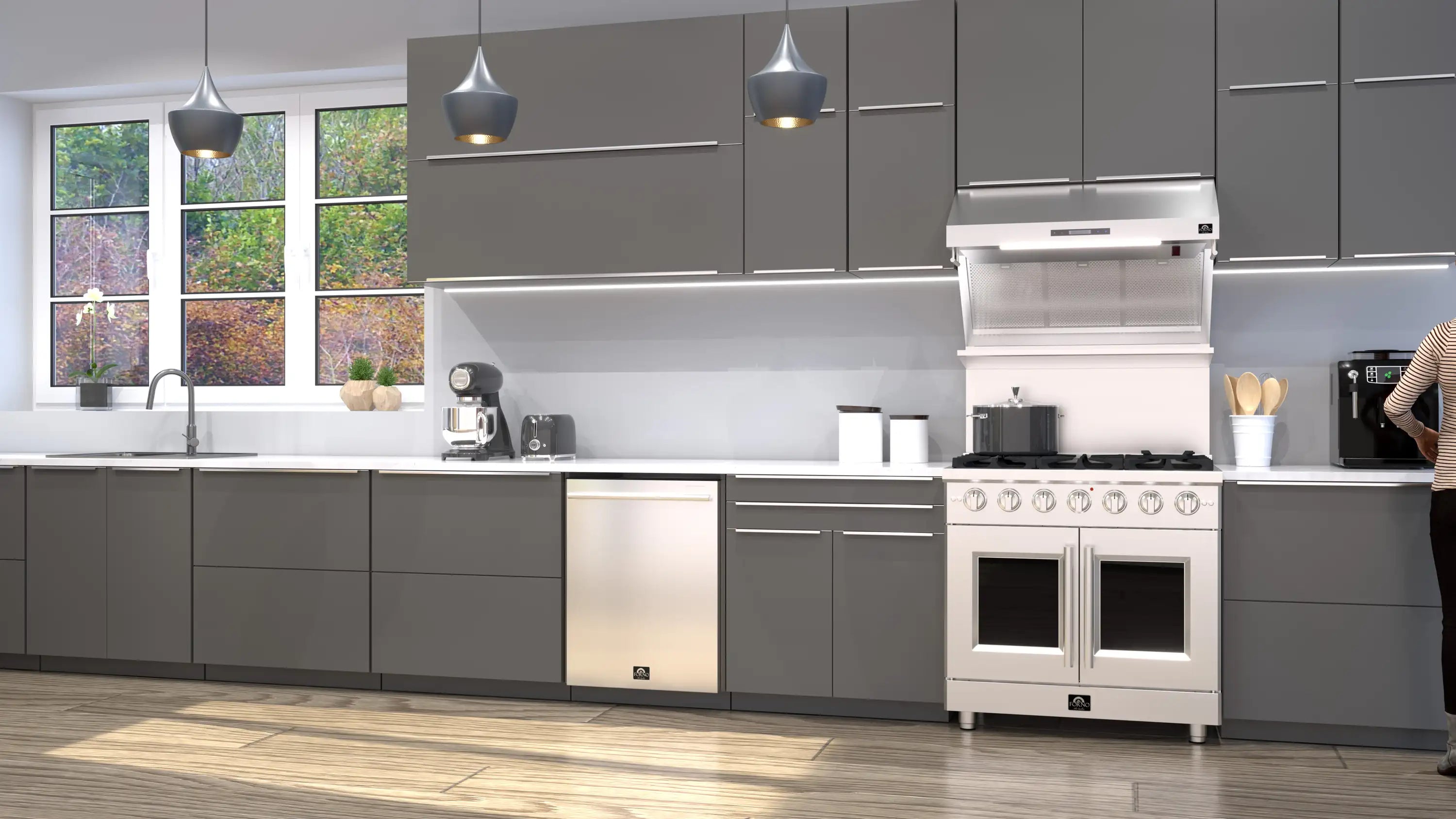 Stainless steel gas range with six burners and dual oven doors in a modern kitchen