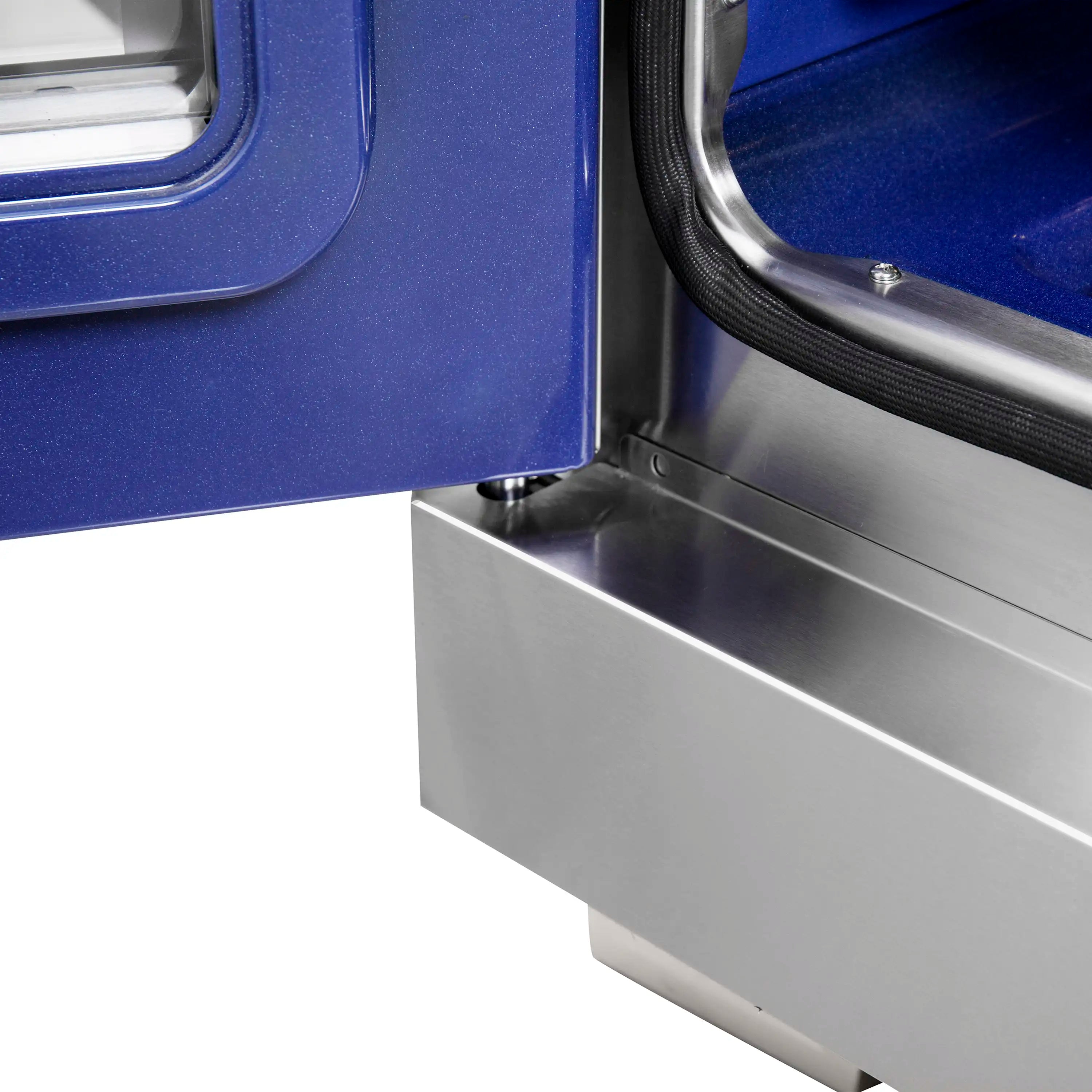 French door oven window and blue interior, stainless steel gas range