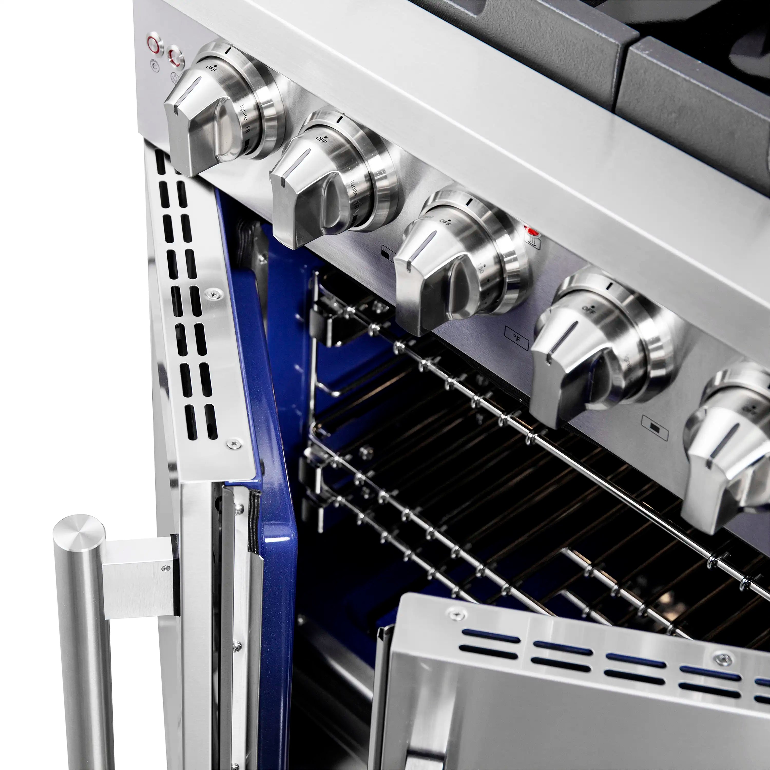 Stainless steel gas oven with open door, top controls and wire oven rack