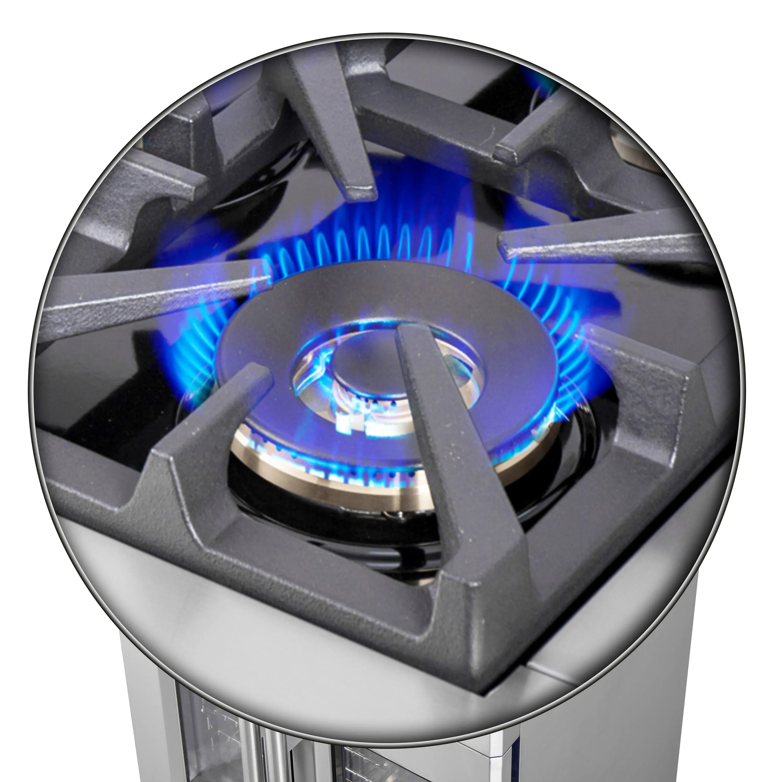 Close-up of blue-lit gas burner flame in a stainless steel cooktop