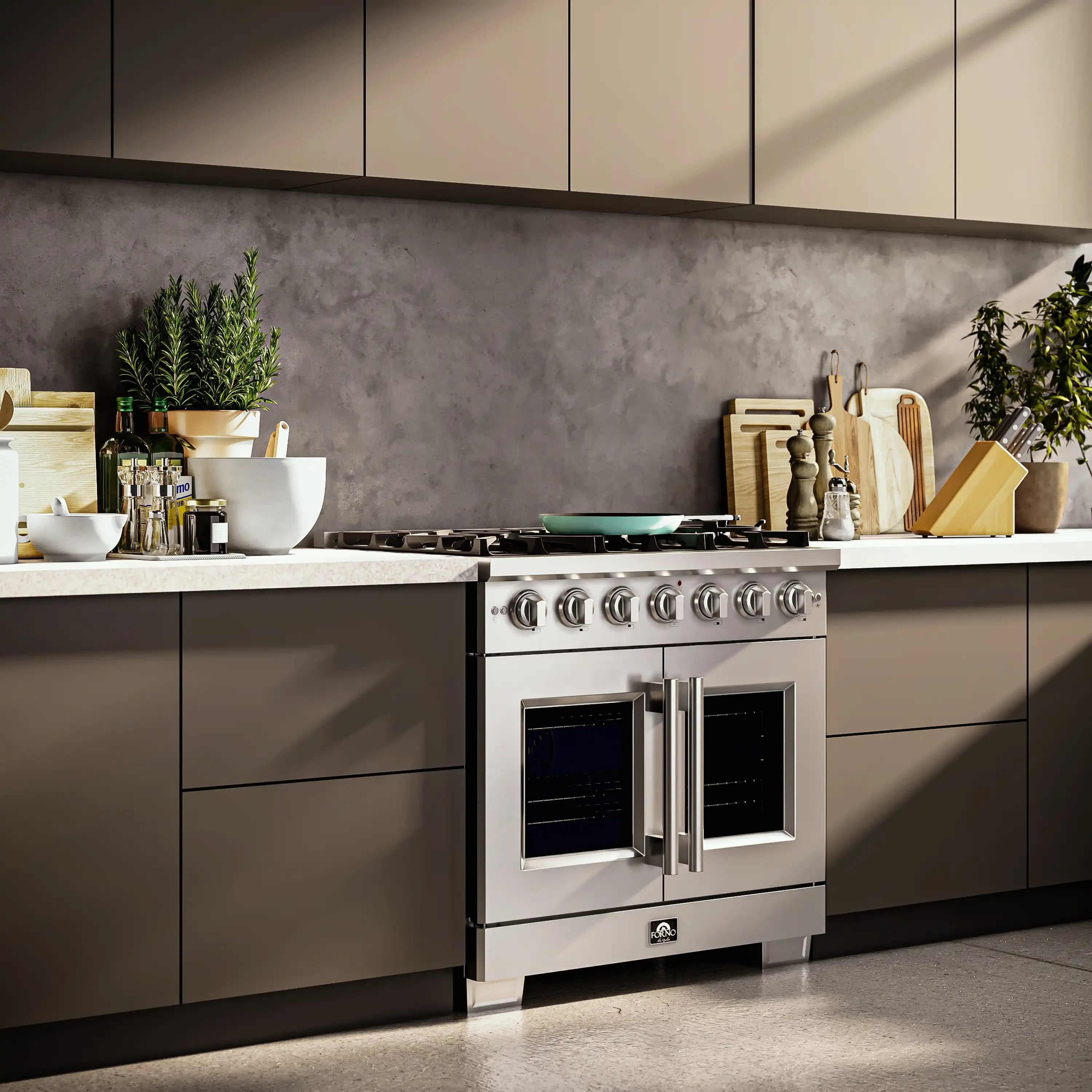 Stainless gas range with dual French-door ovens and burner knobs