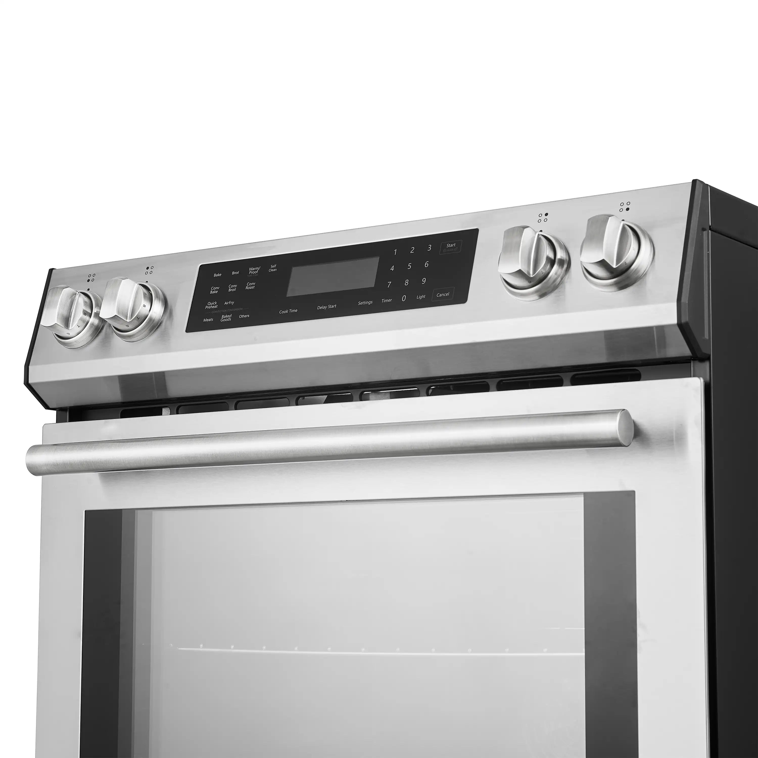 Stainless steel induction range control panel with knobs and digital display