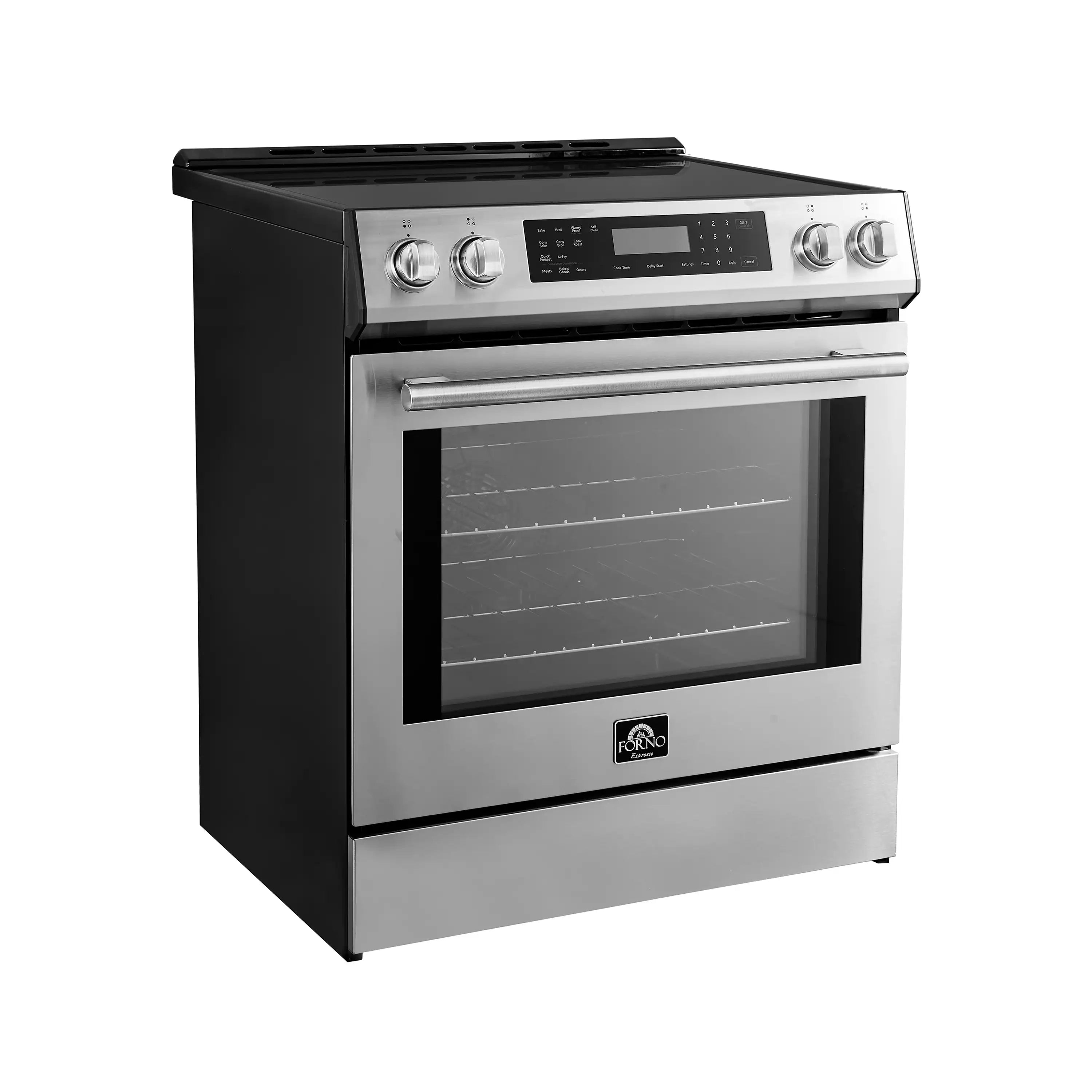 Stainless steel induction range front view with control knobs and black cooktop