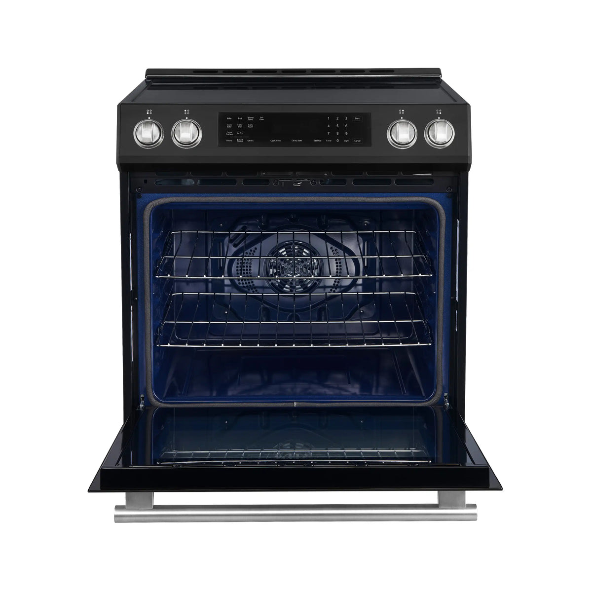 Black induction range with oven door open showing blue interior and wire oven rack