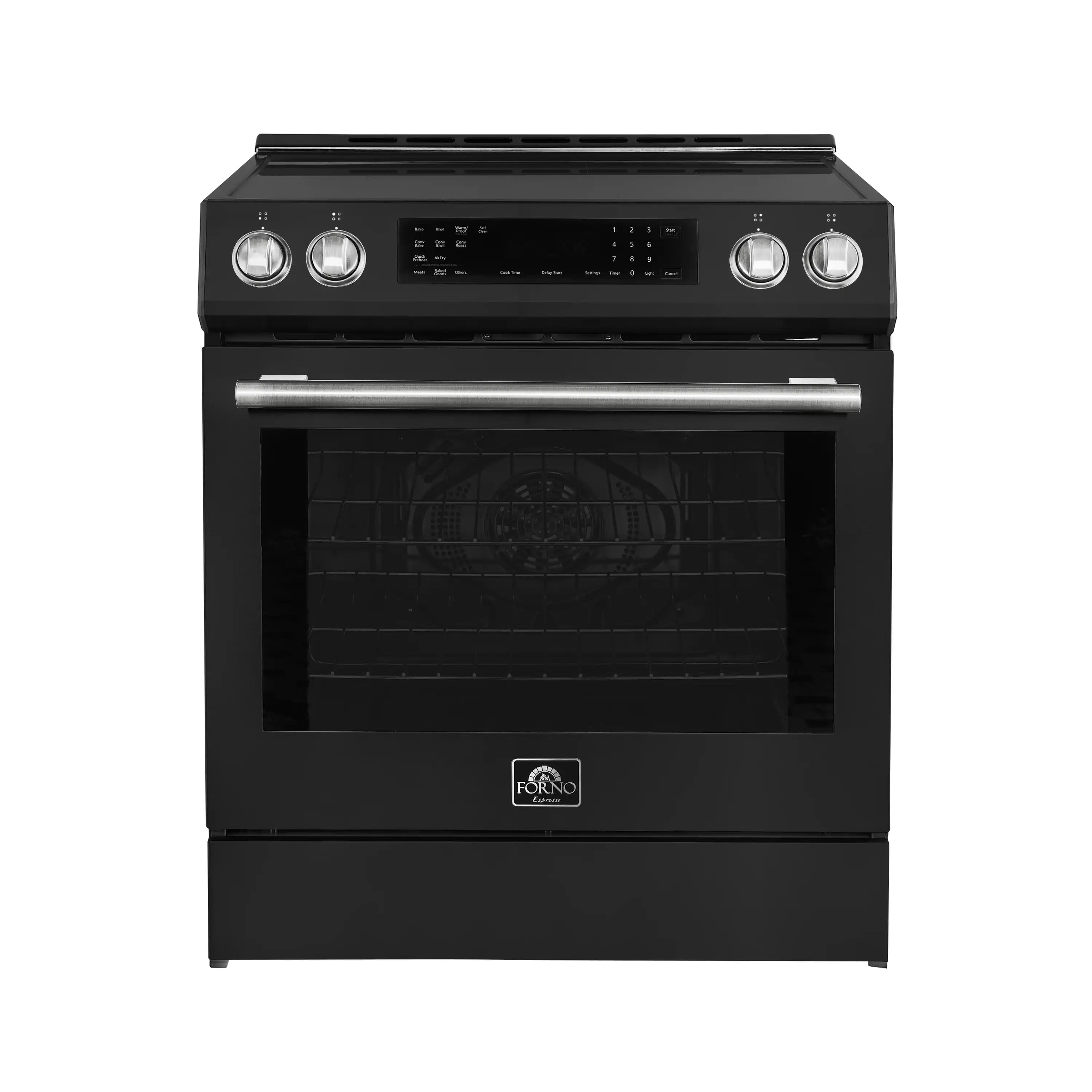 Black 30-inch induction range with oven window, digital display, and four knobs
