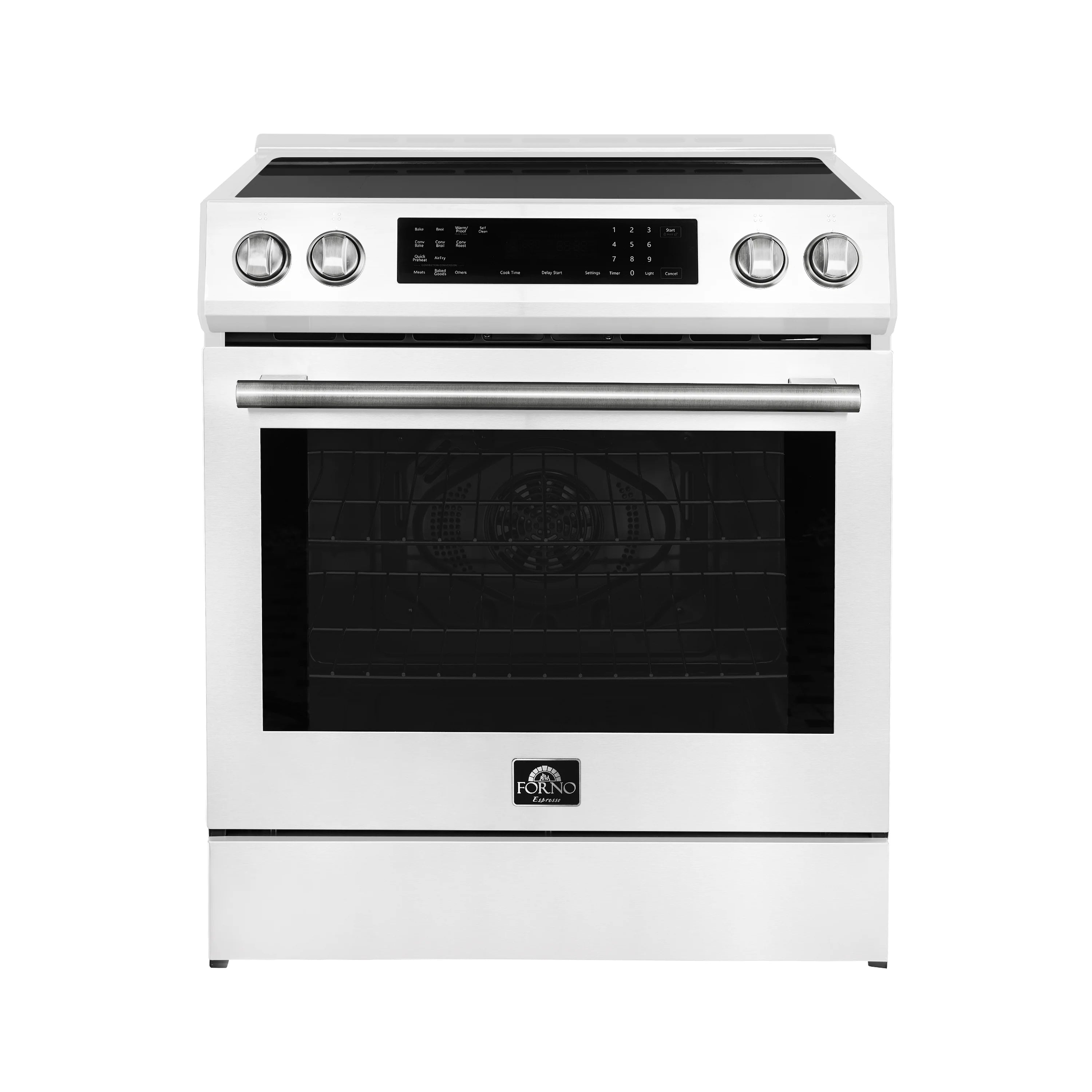 White induction range with black oven door glass, stainless accents, and digital display