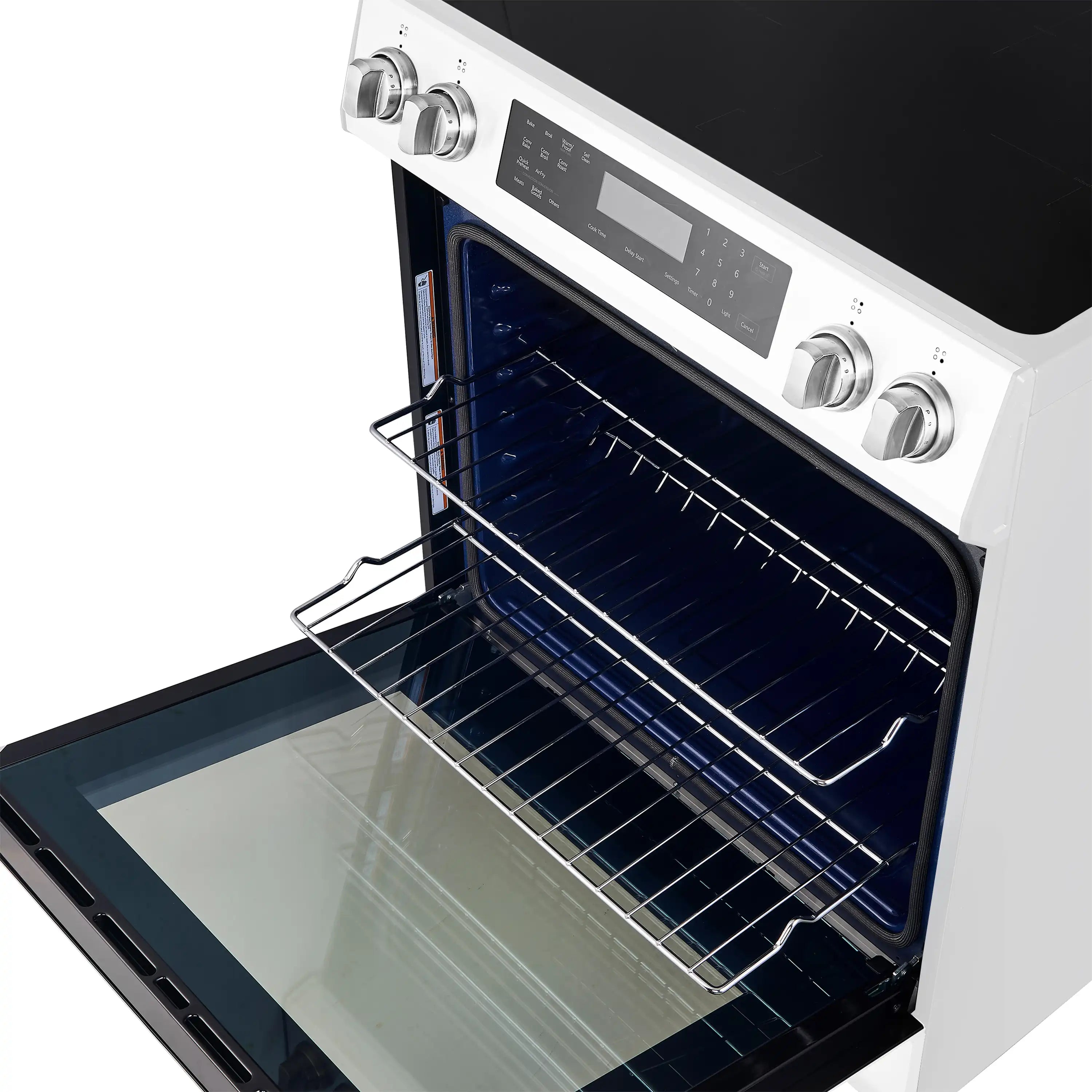 White induction range with open oven showing racks and control panel.