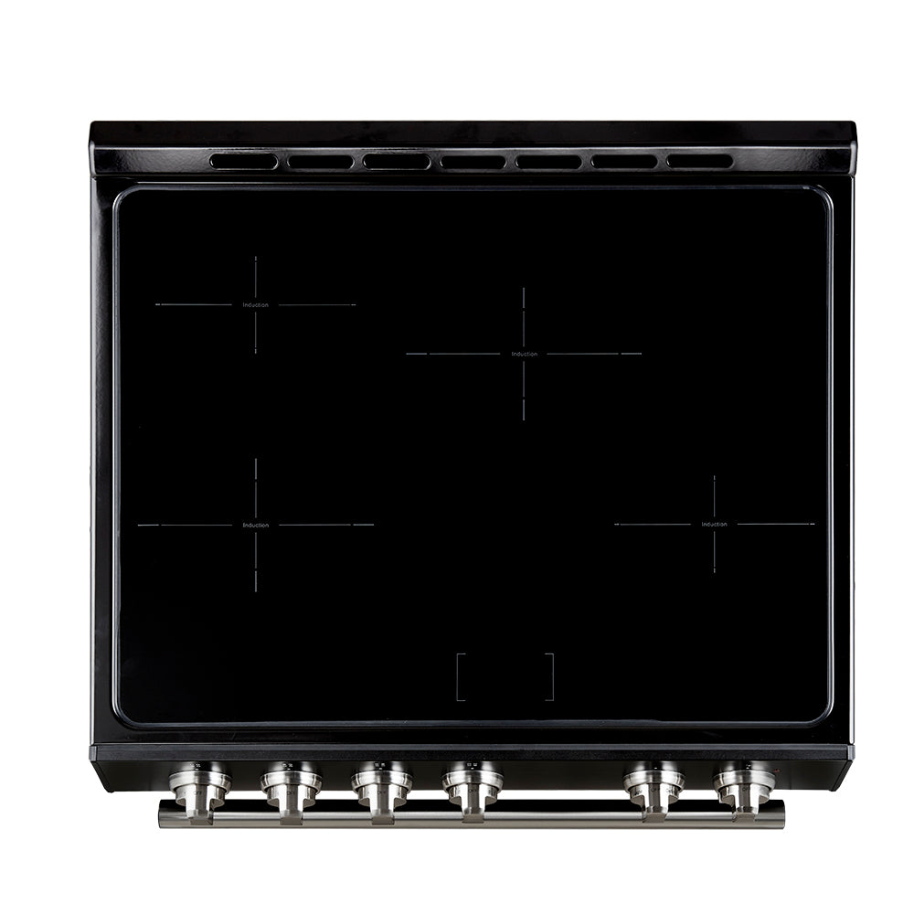 Black glass oven cooktop panel with touch markings and stainless control knobs