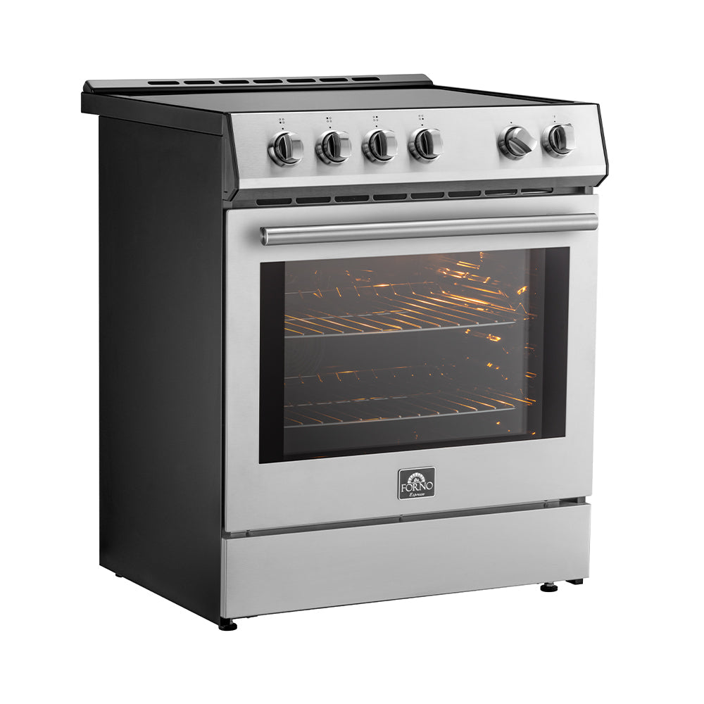 Stainless steel induction range with open oven door and control knobs