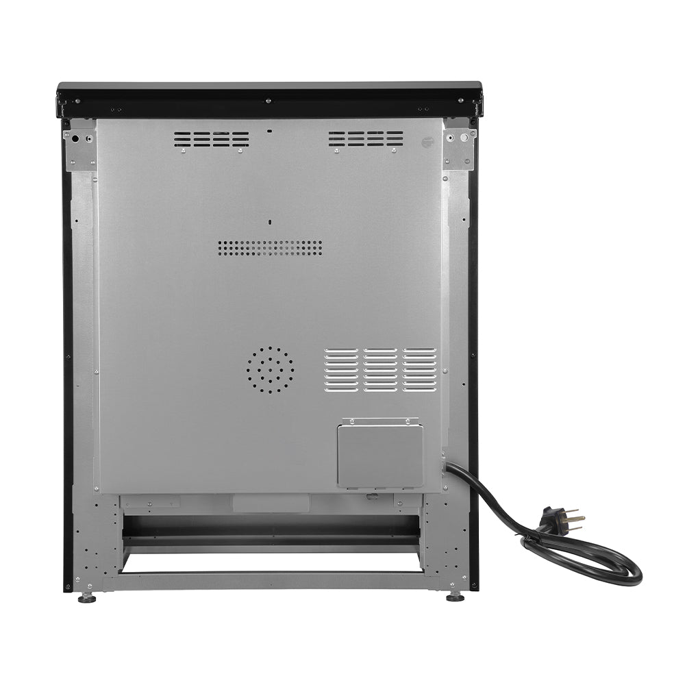 Black induction range back panel with vented metal interior and power cord