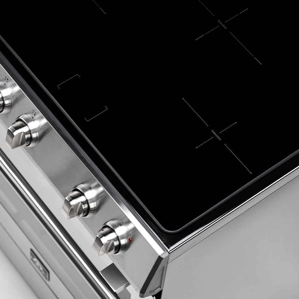 Glass-ceramic cooktop with stainless frame and control knobs on induction range.