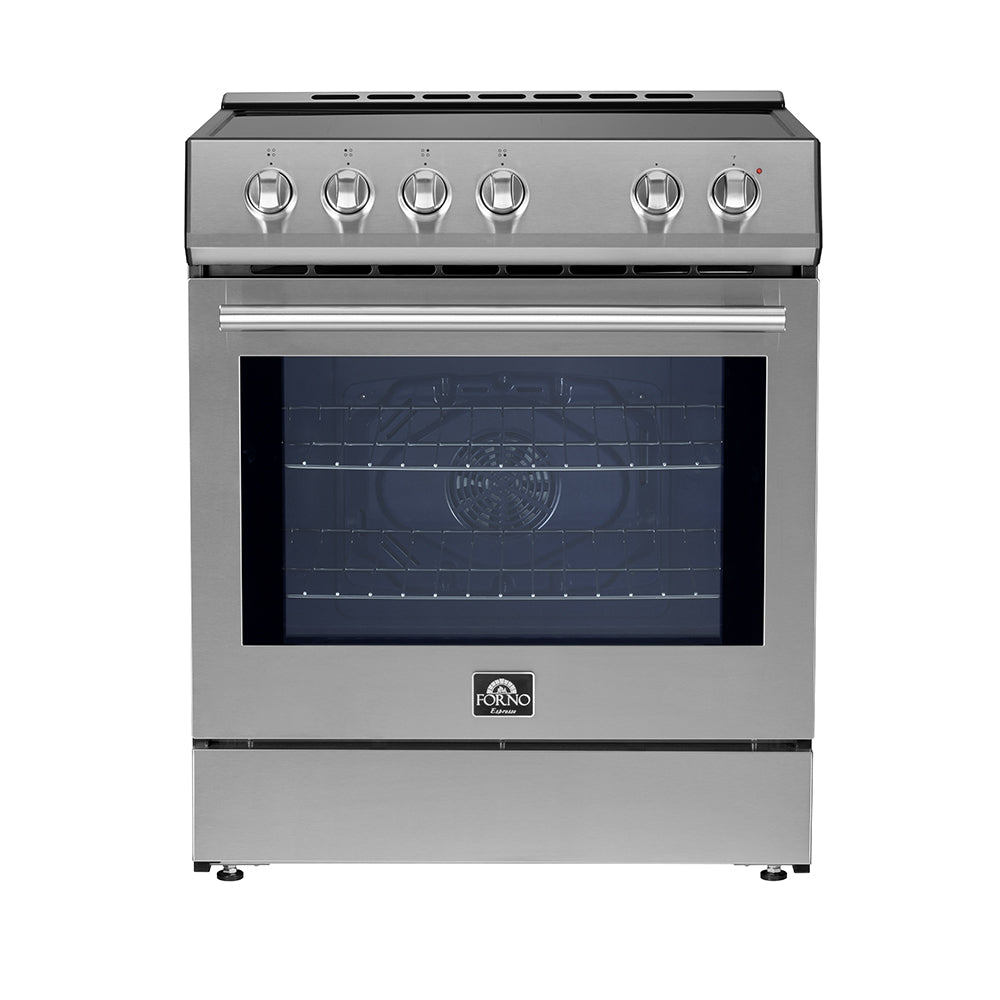 Stainless 30-inch induction range with front knobs and closed oven door window.