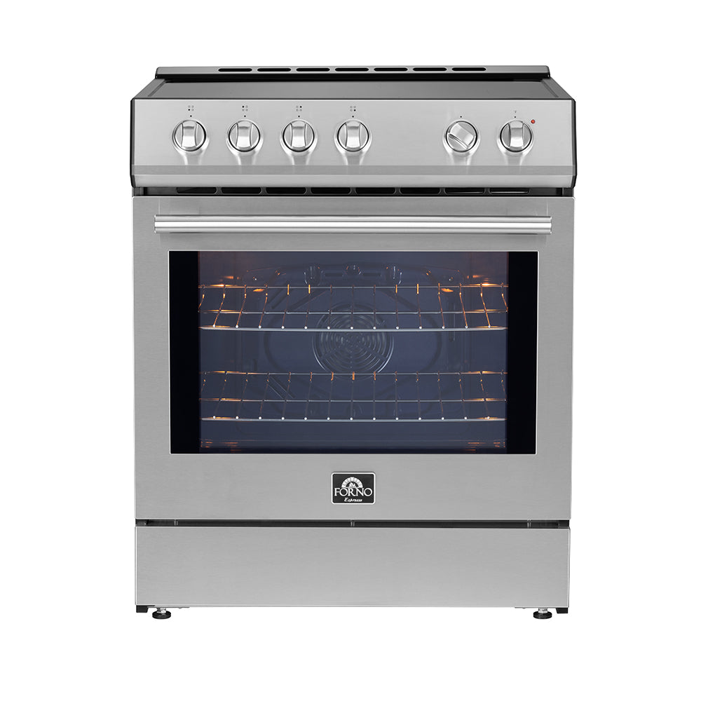 Front view of stainless 30-inch induction range with oven door open and racks inside.