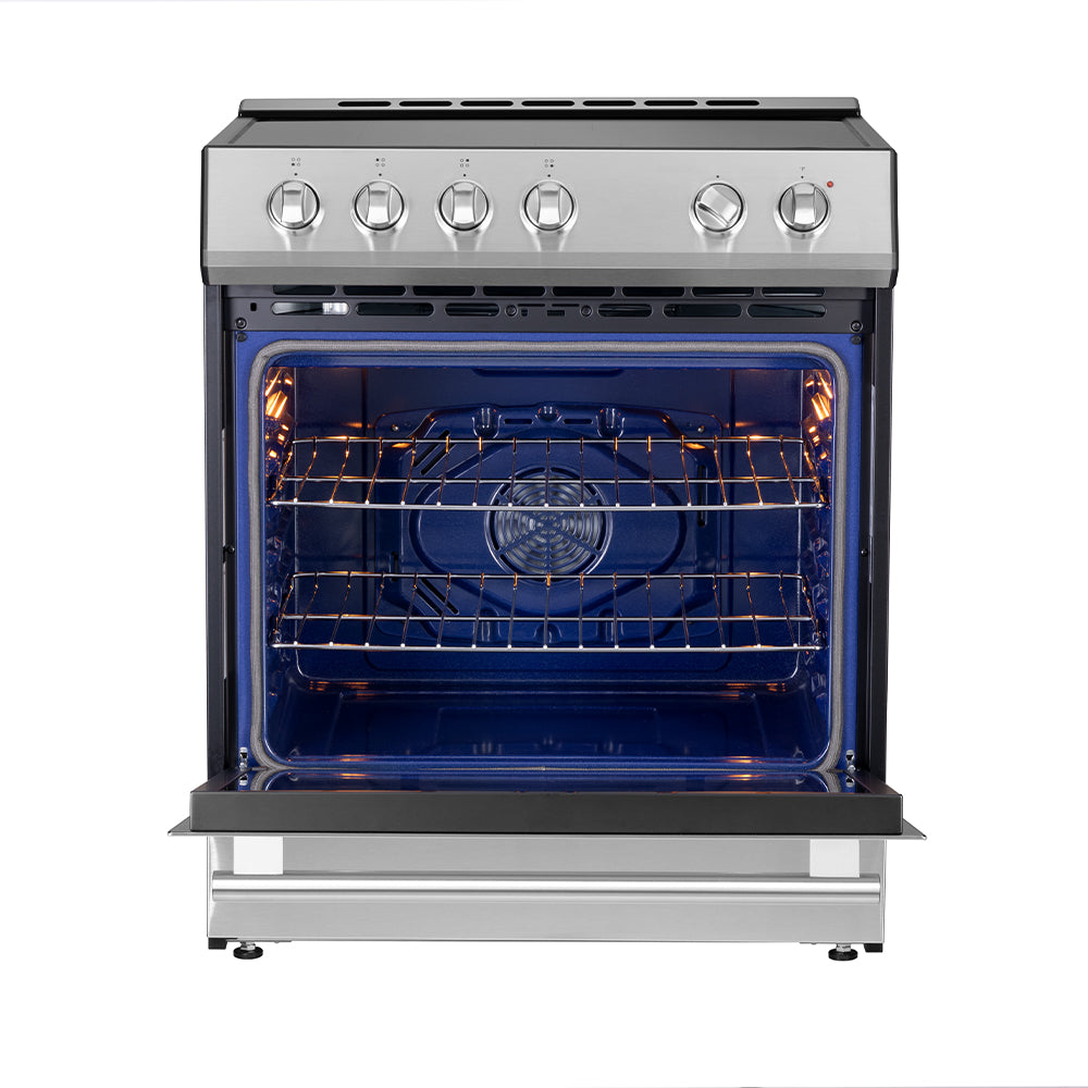 Stainless induction range with open oven door, heated interior with wire baking racks.