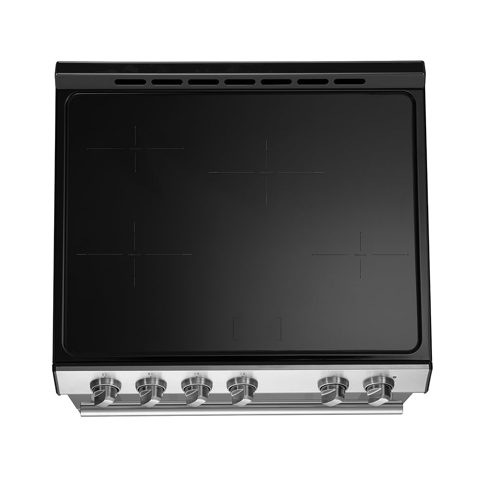 Black glass induction cooktop panel with six burner knobs and vent slots